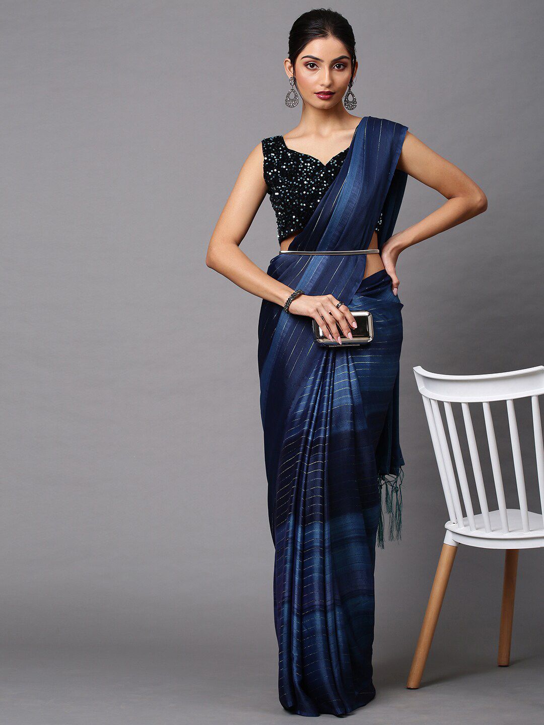 Mitera Navy Blue Striped Saree Price in India