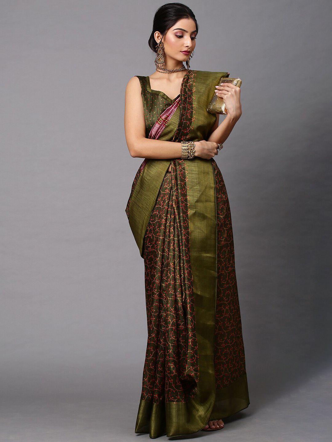 Mitera Olive Green & Pink Floral Printed Linen Blend Banarasi Saree Price in India