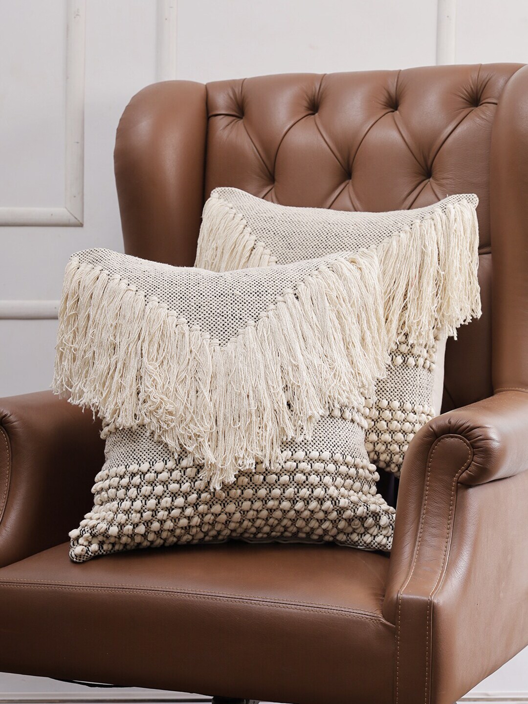 Soumya Cream-Coloured & Grey Set of 2 Cotton Jhallar Ribbed Square Cushion Covers Price in India