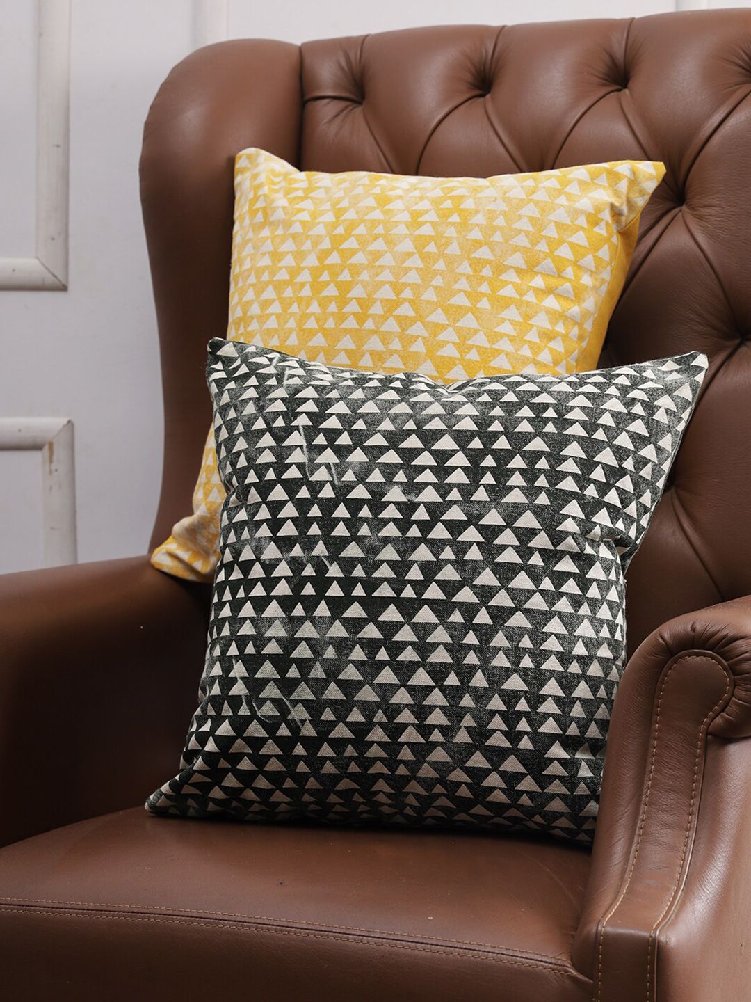 Soumya Green & Yellow Pack Of 2 Geometric Printed Square Cushion Covers Price in India