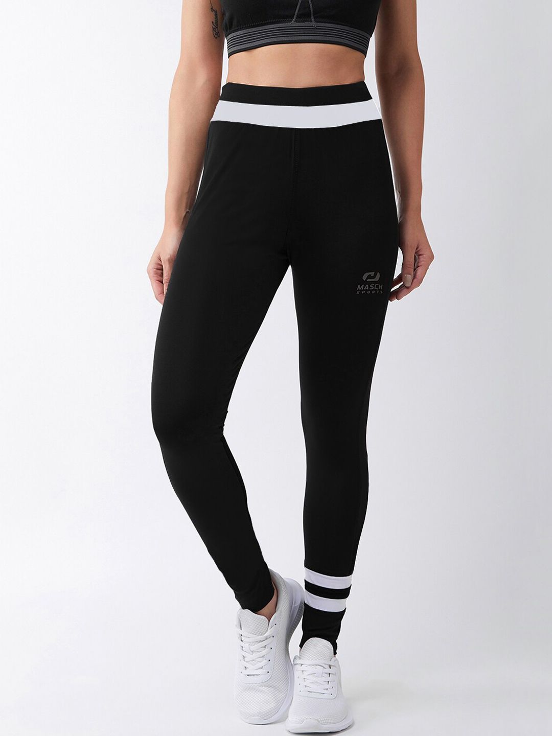 Masch Sports Women Black & White Striped Dri-Fit Tights Price in India