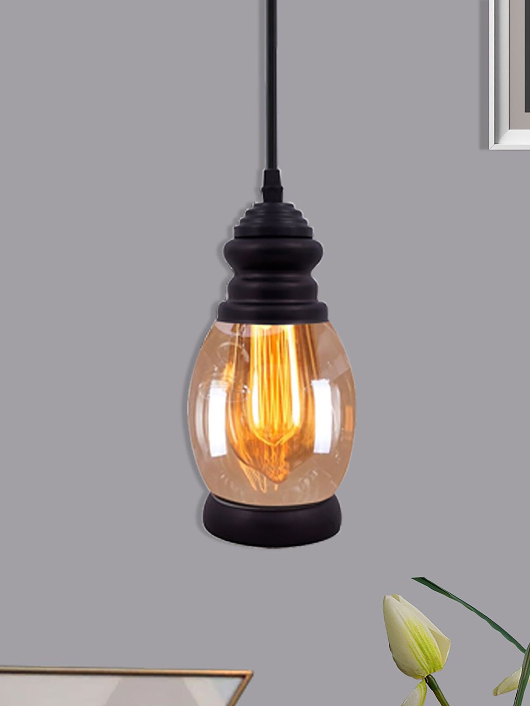 Homesake Black & Yellow Oval Pendant Light with Glass Jar Shade Price in India