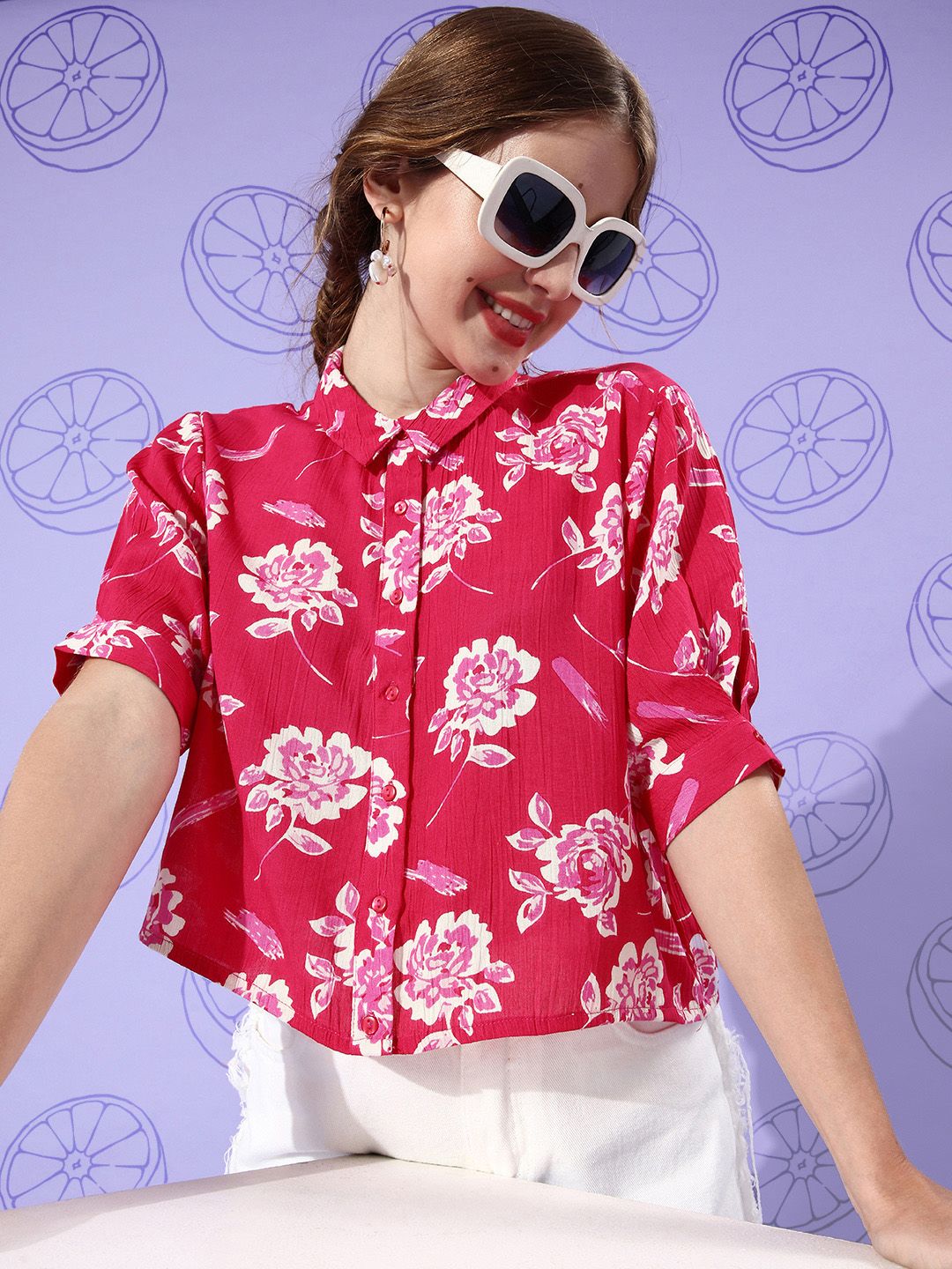 DressBerry Women Pink & White Slim Fit Floral Printed Casual Shirt Price in India
