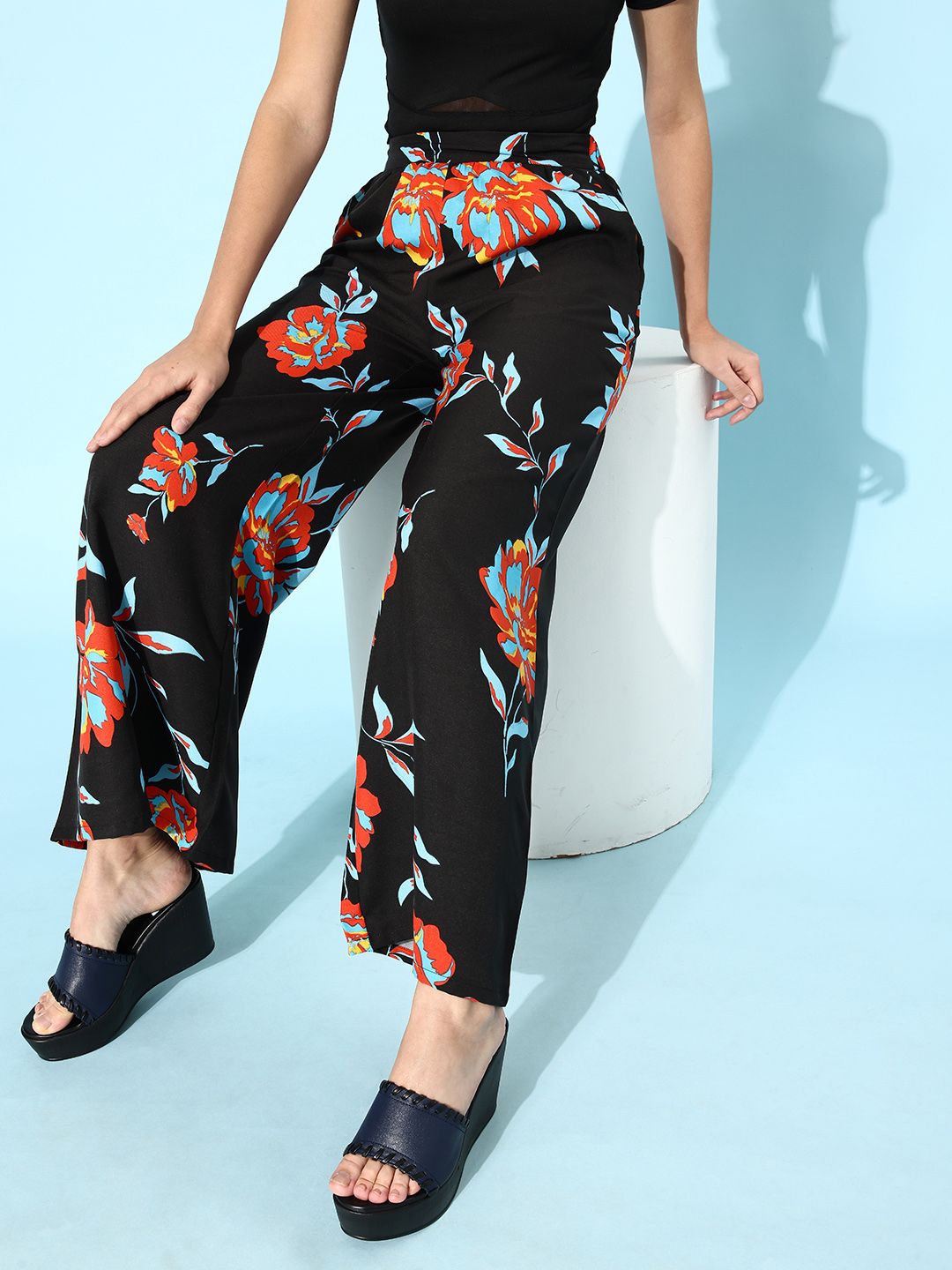 DressBerry Women Stylish Black Floral Volume Play Trousers Price in India