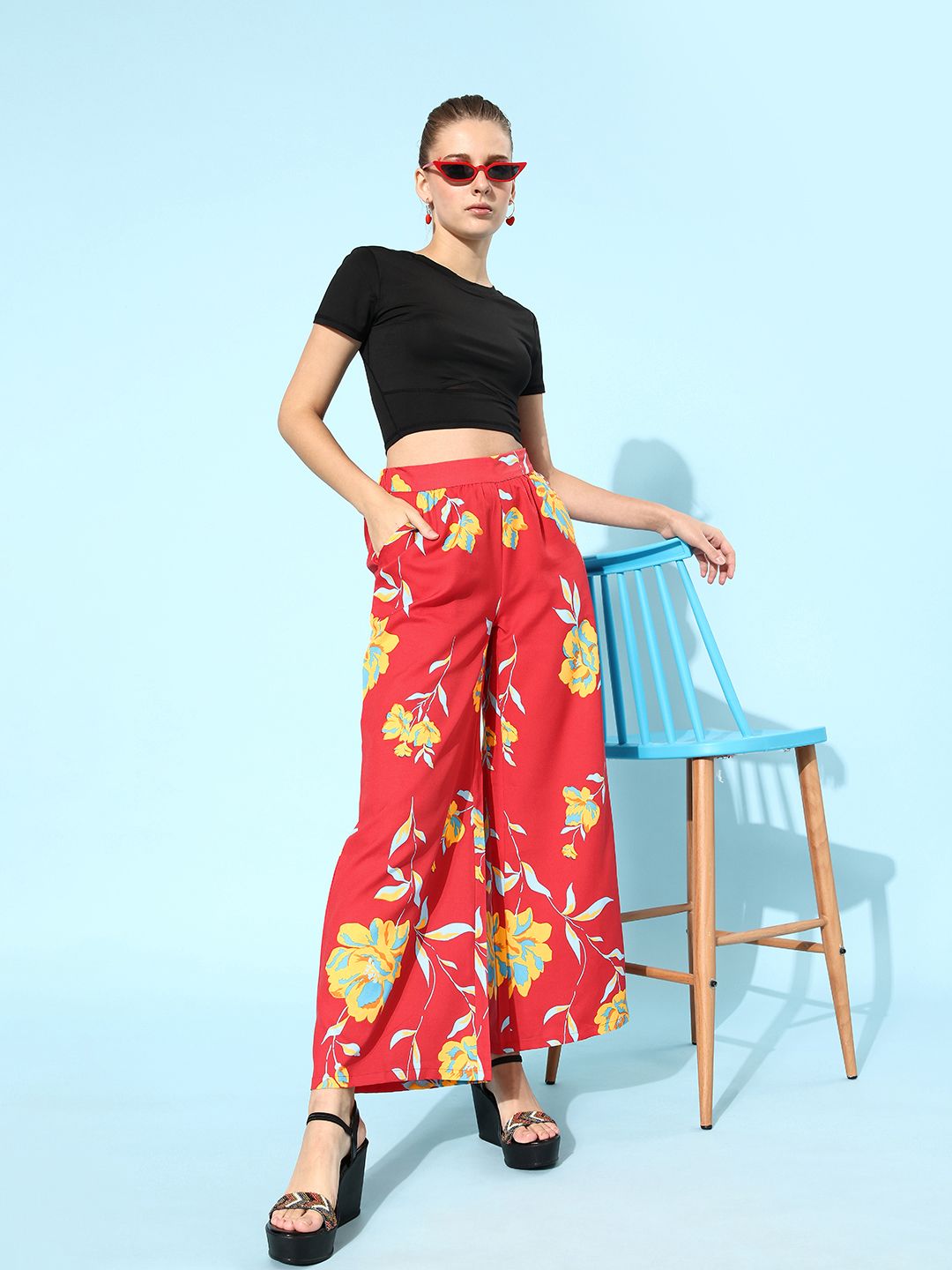 DressBerry Women Gorgeous Red Floral Volume Play Trousers Price in India