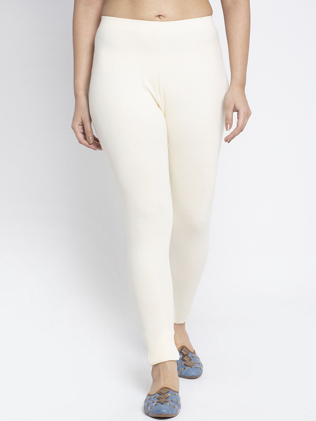 Jinfo Women off White Solid Cotton Lycra Legging Price in India