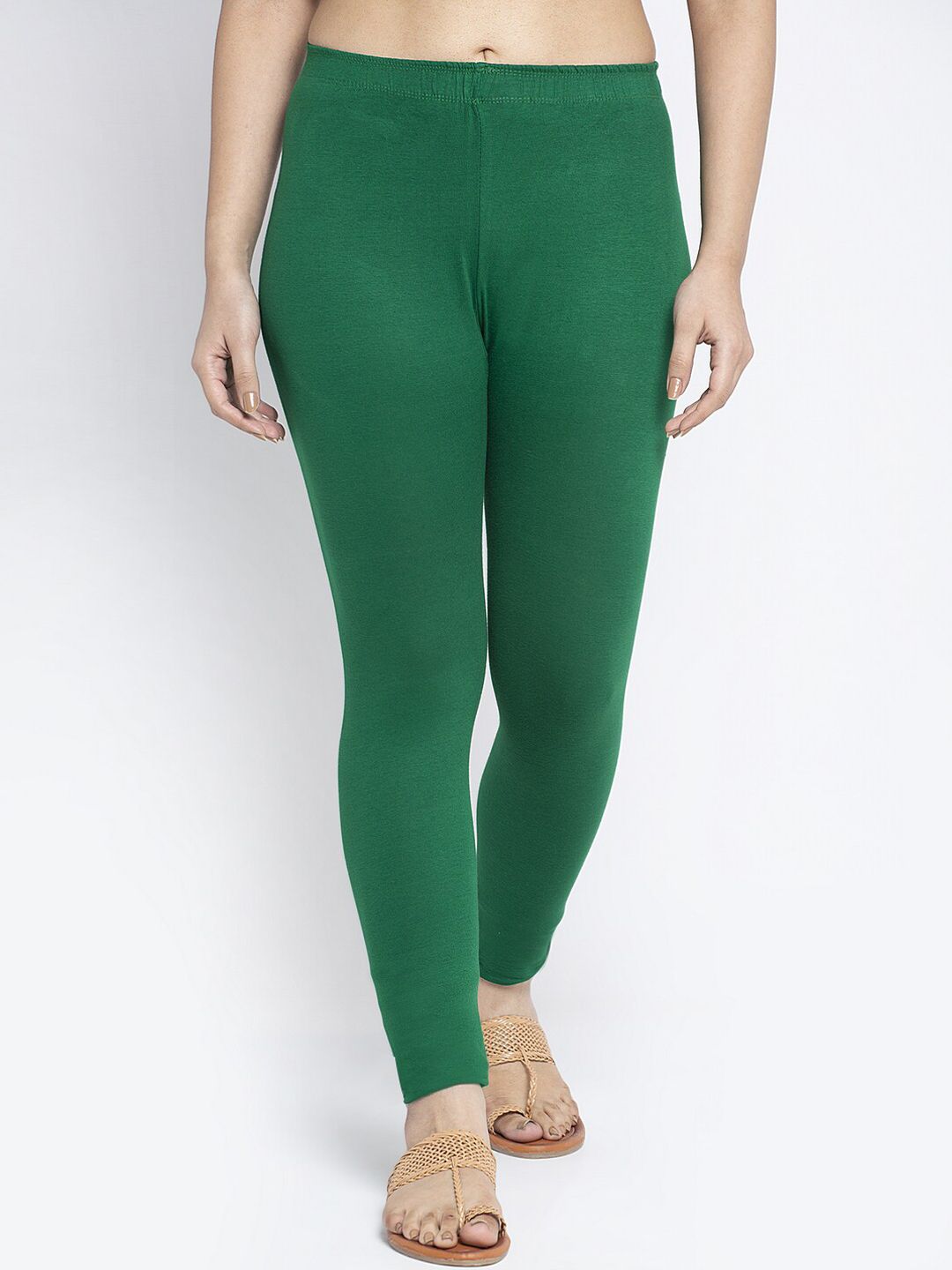 Jinfo Women Green Solid Cotton Lycra Ankle-Length Leggings Price in India