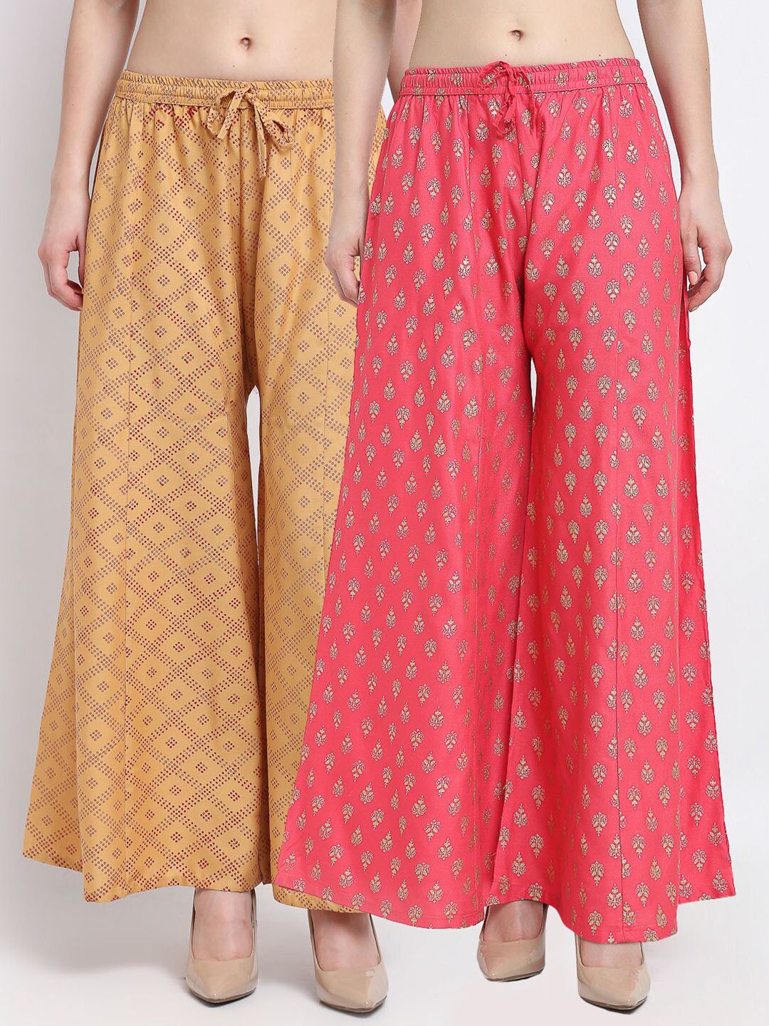 Jinfo Women Beige & Pink Set Of 2 Ethnic Motifs Printed Flared Ethnic Palazzos Price in India