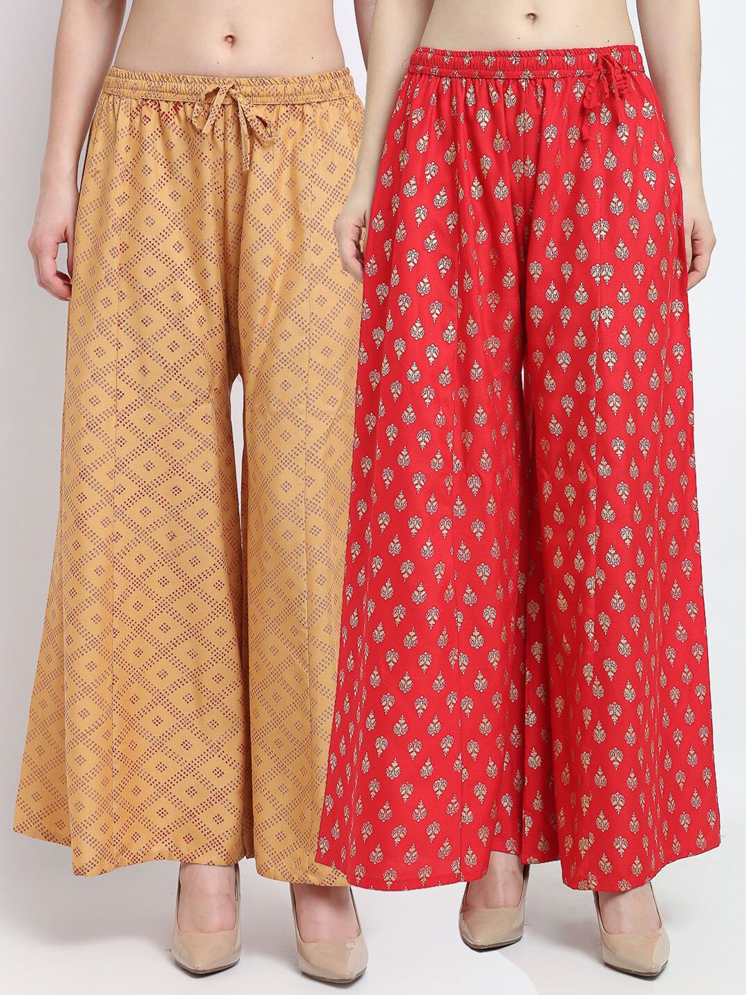 Jinfo Women Pack of 2 Beige & Red Ethnic Motifs Printed Flared Knitted Ethnic Palazzos Price in India