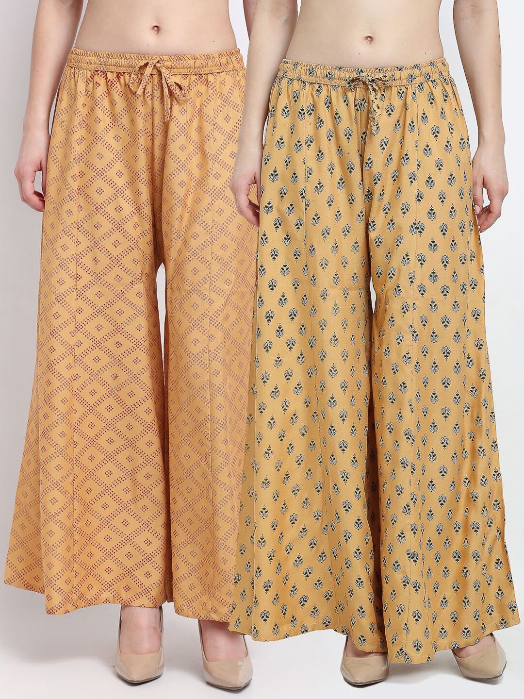 Jinfo Women Pack of 2 Beige Ethnic Motifs Printed Flared Knitted Ethnic Palazzos Price in India