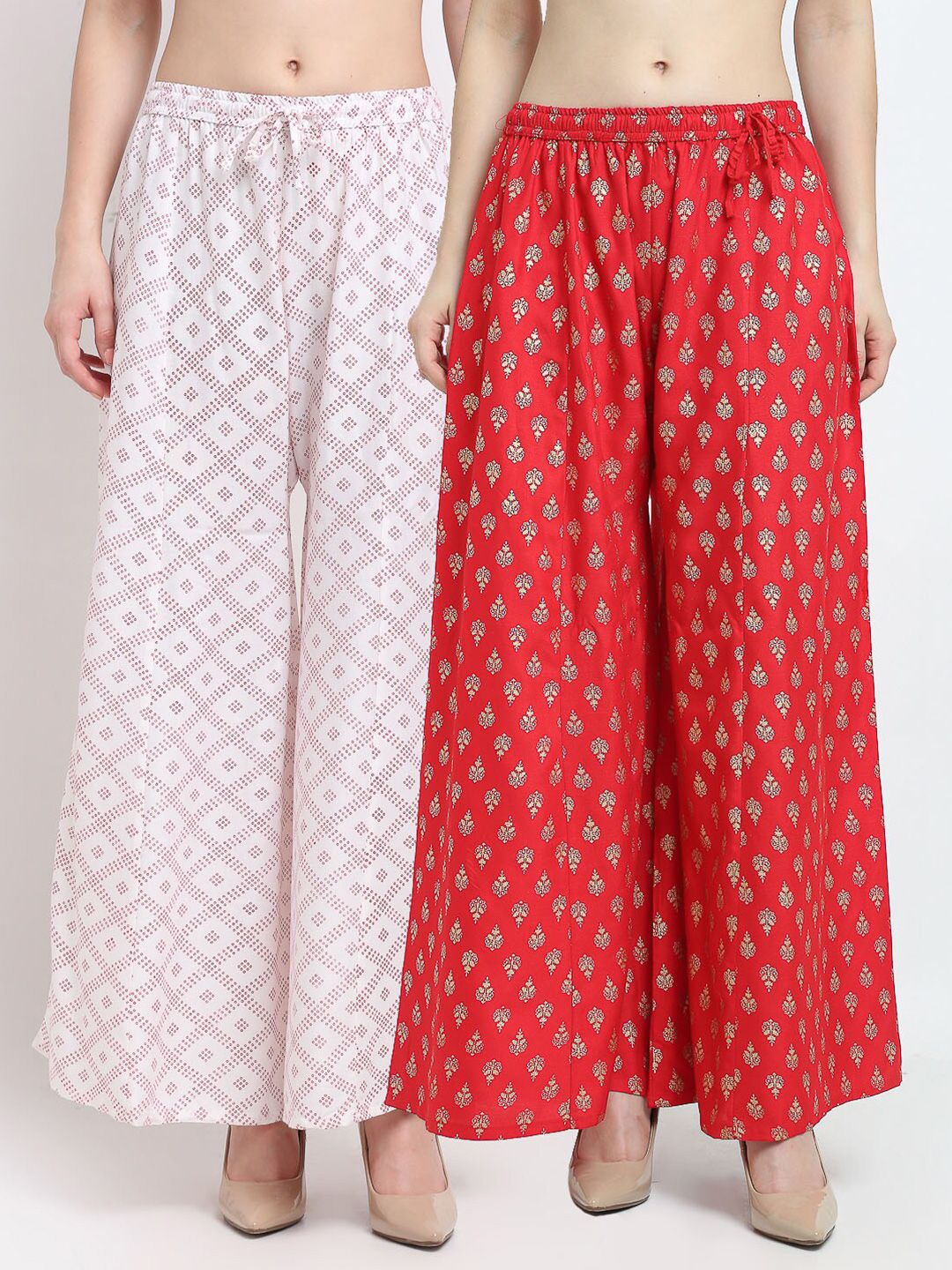 Jinfo Women White & Red Pack Of 2 Block Printed Flared Fit Palazzos Price in India