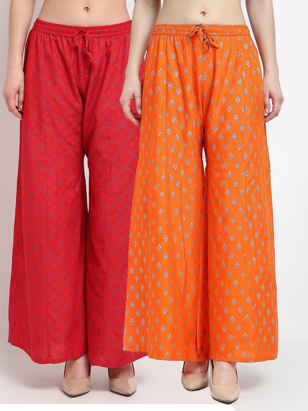 Jinfo Women Red & Orange Set Of 2 Printed Flared Ethnic Palazzos Price in India