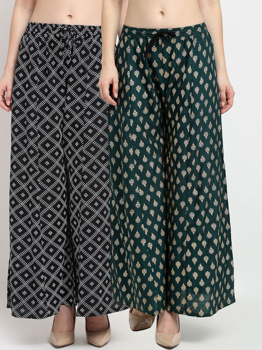 Jinfo Women Black & Green Pack of 2 Ethnic Motifs Printed Flared Palazzos Price in India