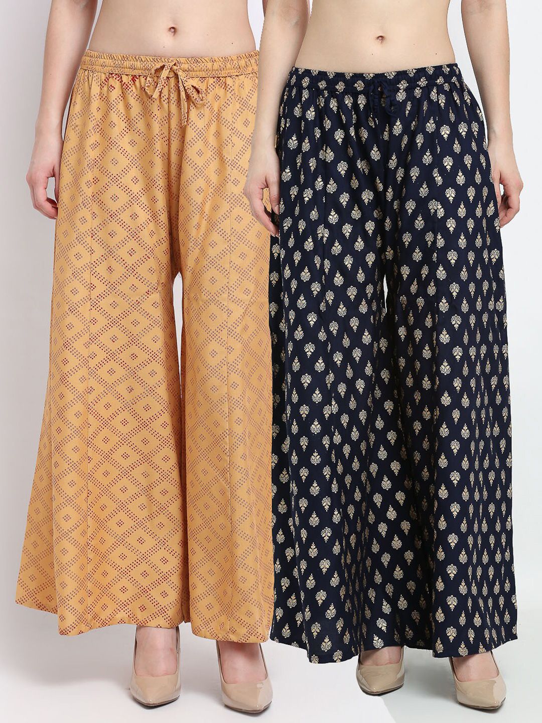 Jinfo Women Beige & Navy Blue Set Of 2 Ethnic Motifs Printed Flared Ethnic Palazzos Price in India