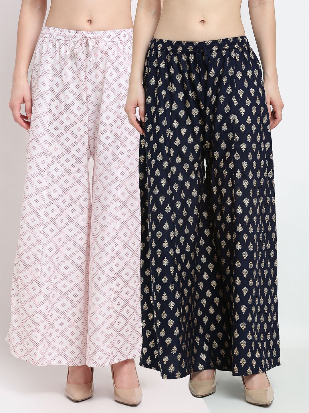 Jinfo Women White & Navy Blue Pack Of 2 Printed Flared Ethnic Palazzos Price in India