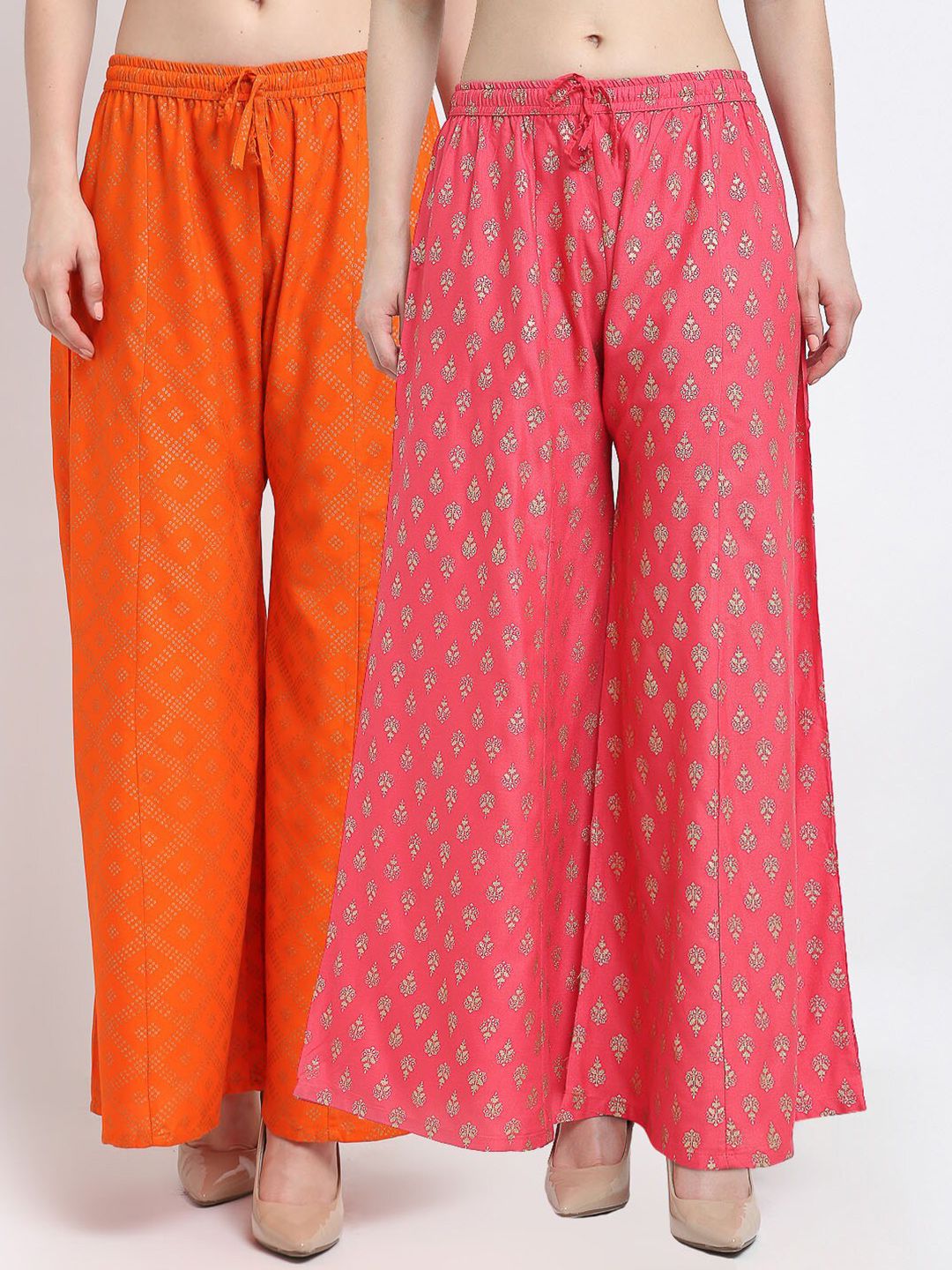 Jinfo Women Pack Of 2 Orange & Pink Printed Flared Palazzos Price in India