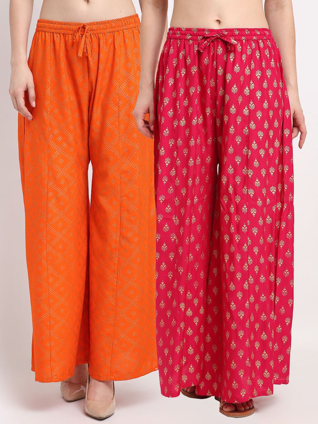 Jinfo Women Pack of 2 Orange & Pink Ethnic Motifs Printed Flared Ethnic Palazzos Price in India