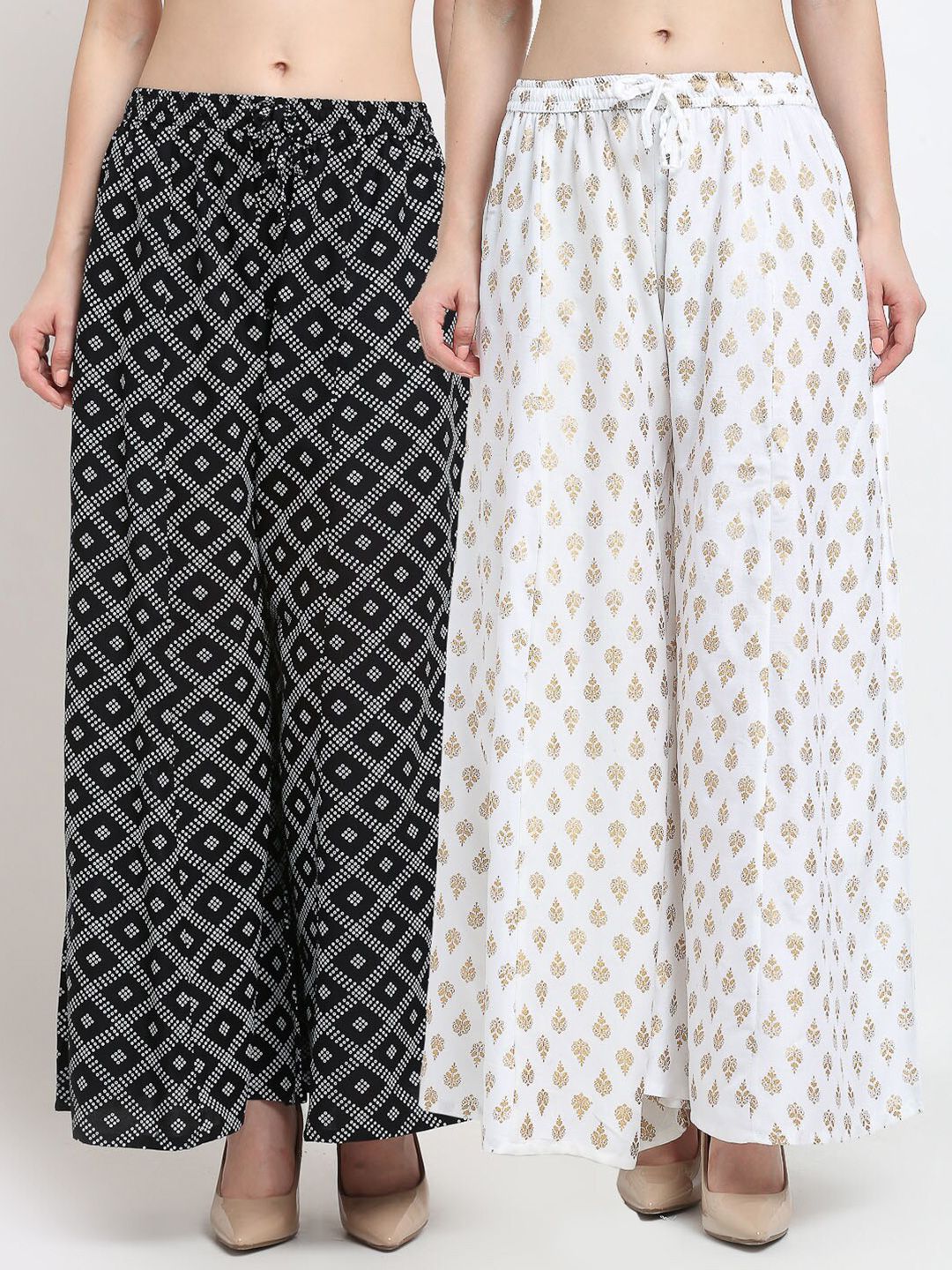 Jinfo Women Black & White Set Of 2 Printed Flared Knitted Ethnic Palazzos Price in India