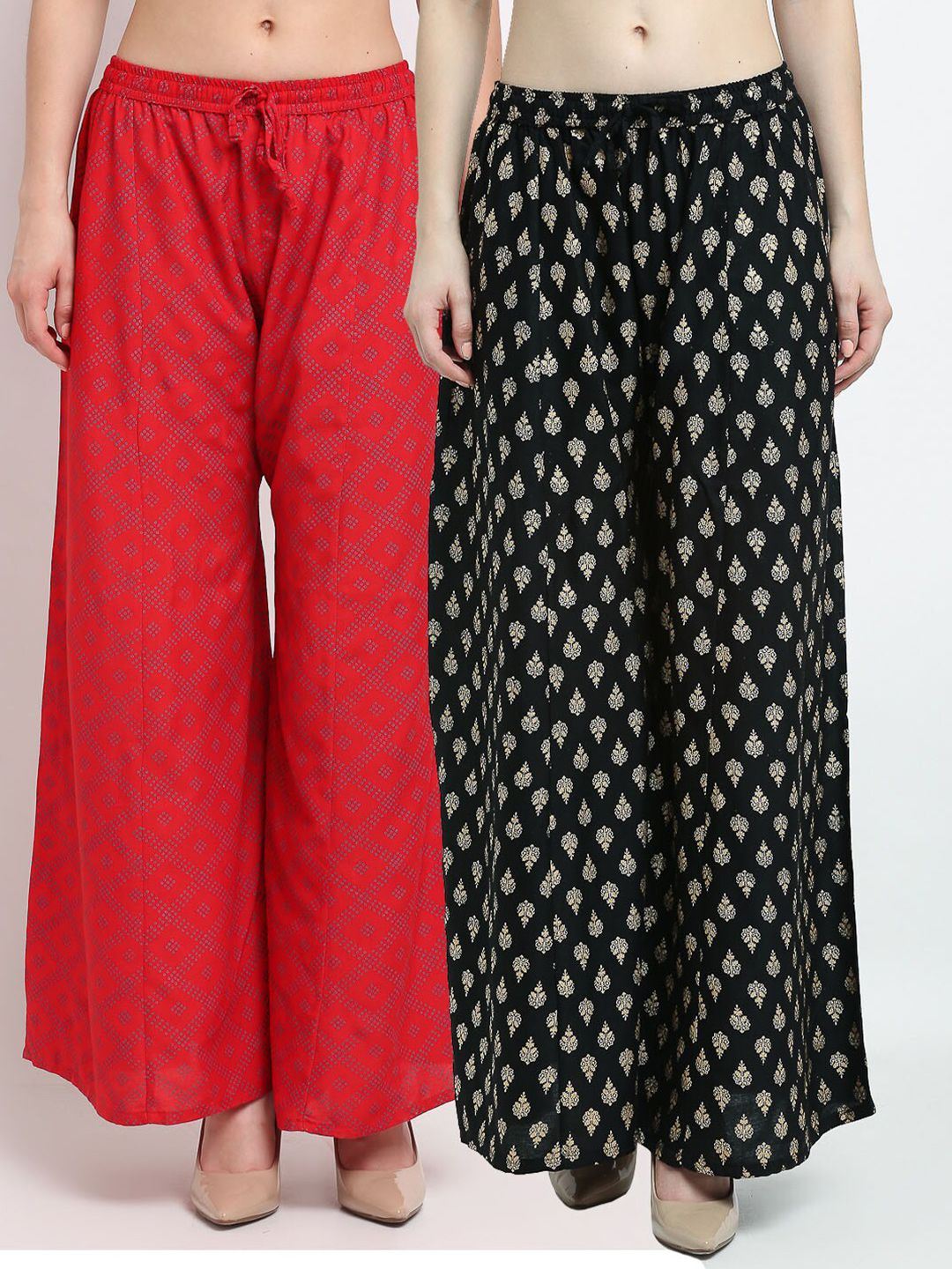 Jinfo Women Red & Black Pack of 2 Ethnic Motifs Printed Flared Palazzos Price in India