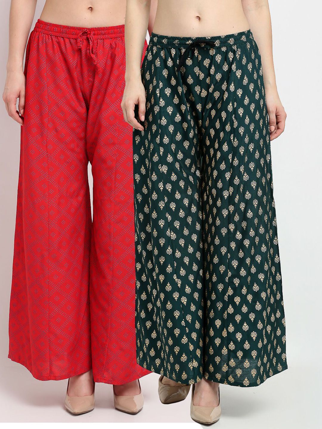 Jinfo Women Red & Green Pack of 2 Ethnic Motifs Printed Flared Ethnic Palazzos Price in India