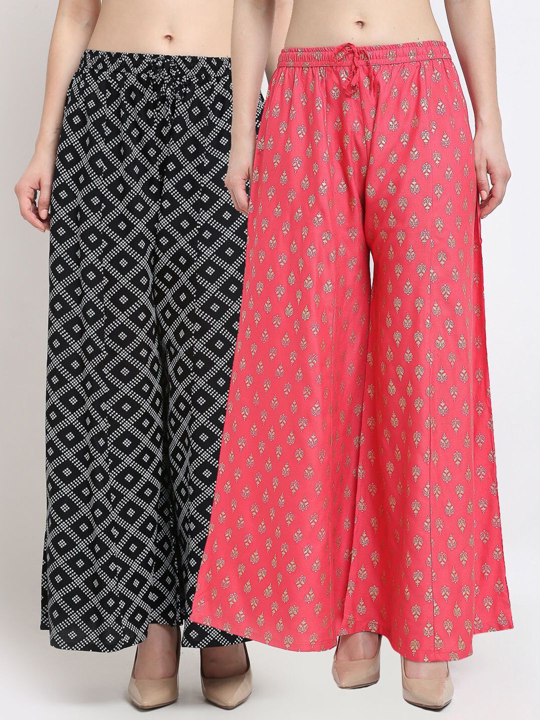 Jinfo Women Pack Of 2 Black & Pink Ethnic Motifs Printed Flared Ethnic Palazzos Price in India