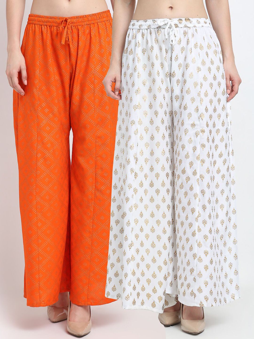 Jinfo Women Orange & White 2 Printed Flared Knitted Ethnic Palazzos Price in India