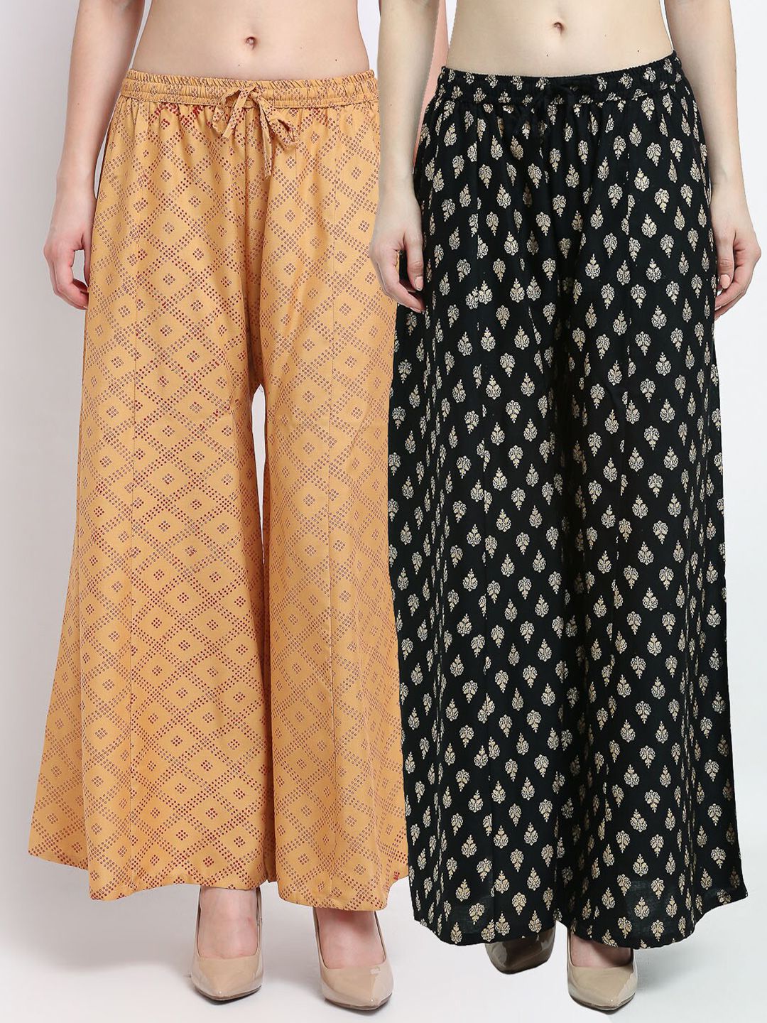 Jinfo Women Beige & Black Set Of  2 Ethnic Motifs Printed Flared Ethnic Palazzos Price in India