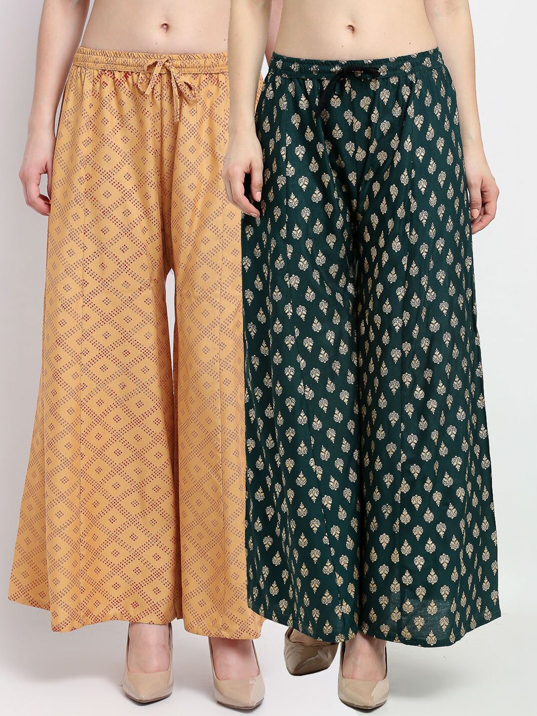 Jinfo Women Pack of 2 Beige & Green Ethnic Motifs Block Printed Ethnic Palazzos Price in India