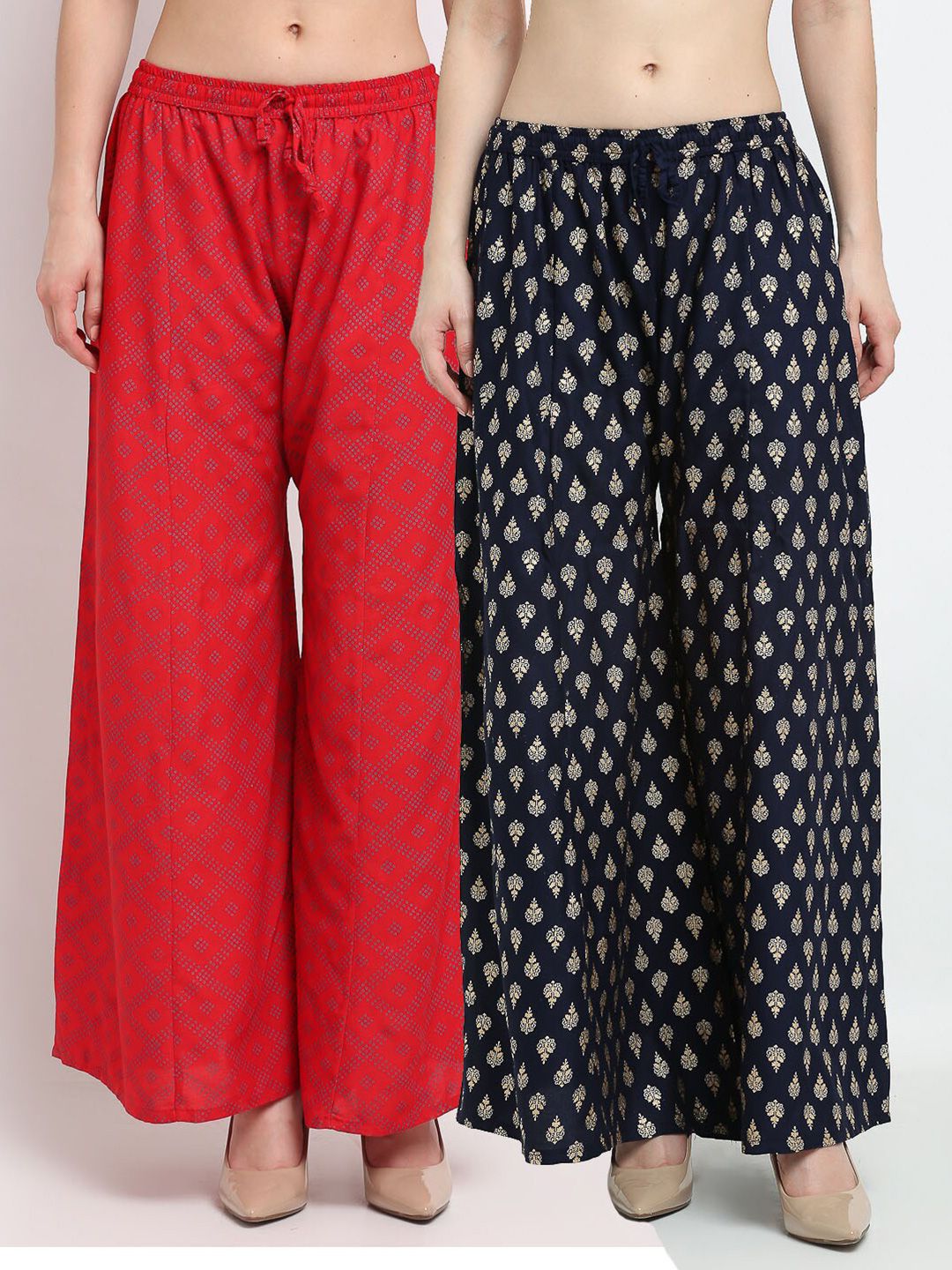 Jinfo Women Red & Navy Blue Pack of 2 Ethnic Motifs Printed Flared Palazzos Price in India