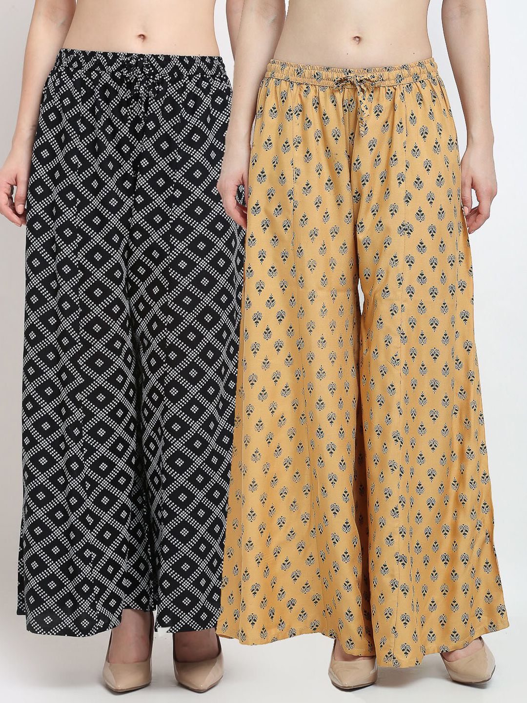 Jinfo Women Black & Beige Pack Of 2 Ethnic Motifs Printed Flared Fit Palazzos Price in India