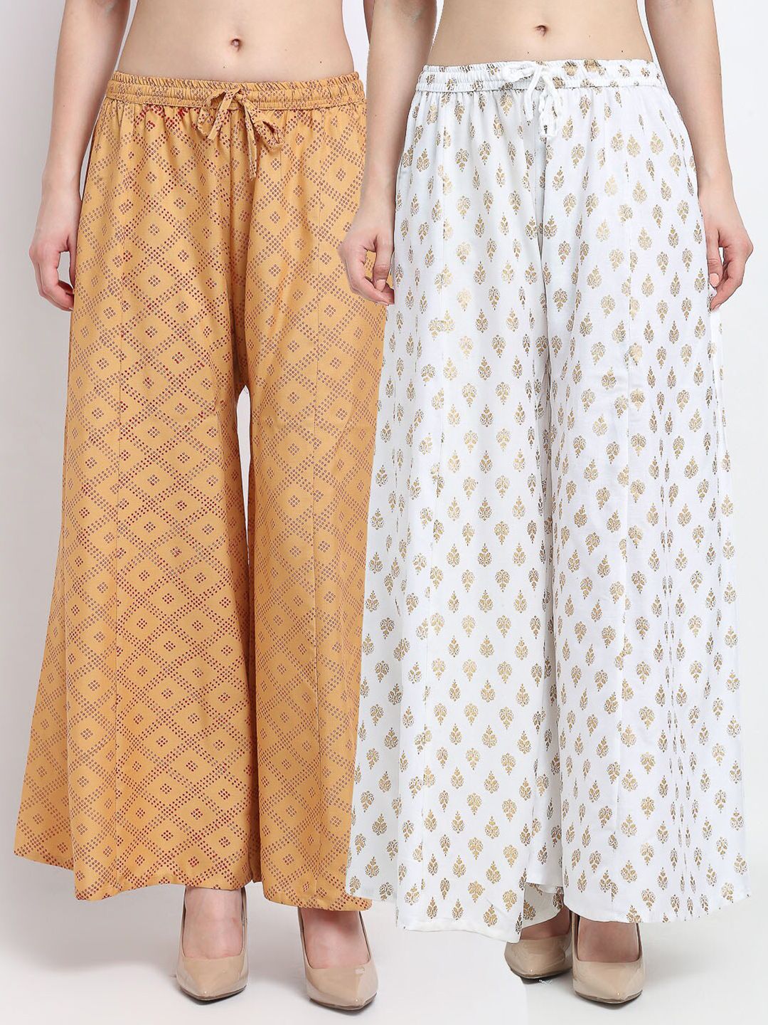 Jinfo Women Pack of 2 Beige & White Ethnic Motifs Printed Flared Ethnic Palazzos Price in India