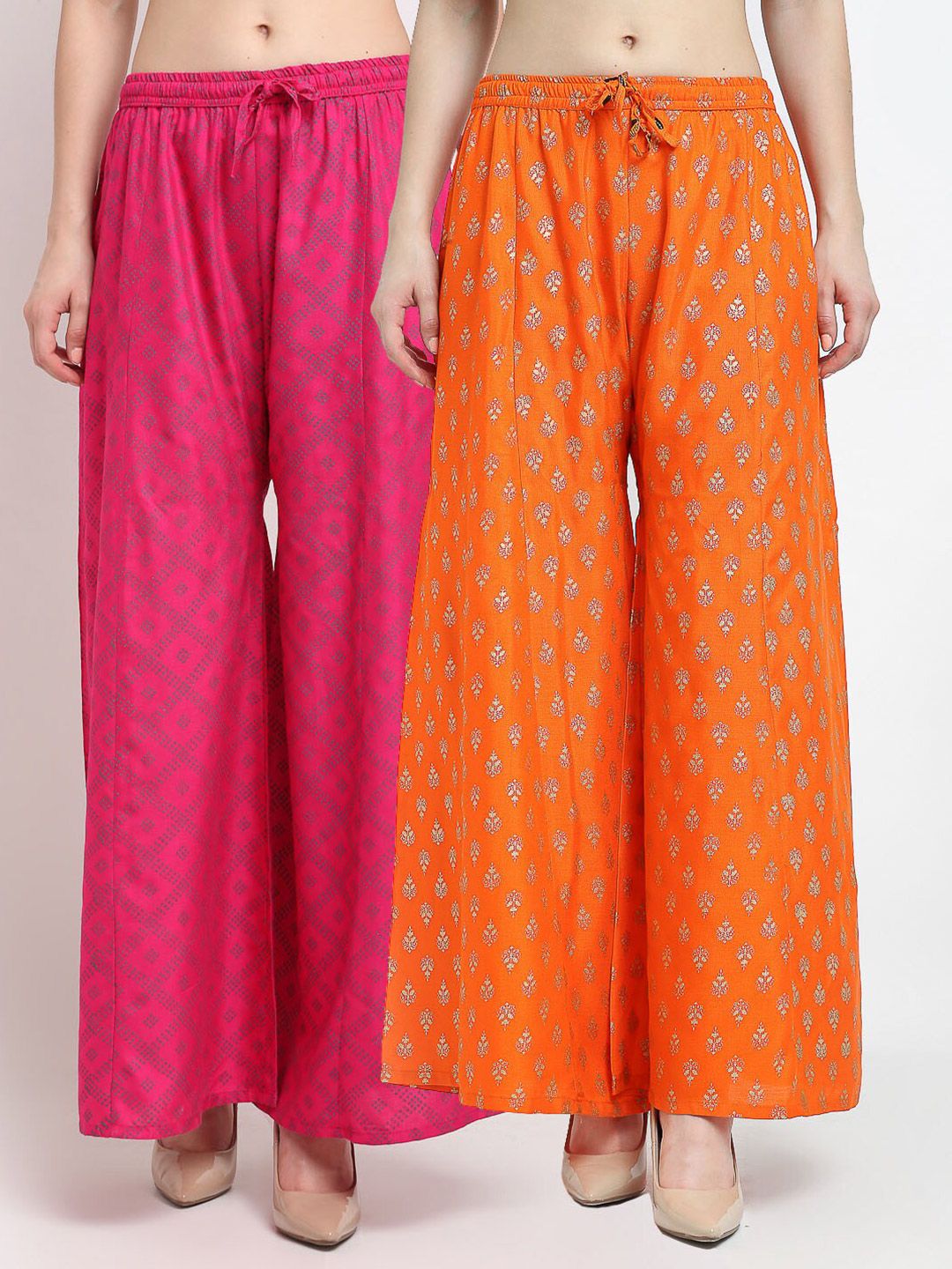 Jinfo Women Pack of 2 Pink & Orange Ethnic Motifs Printed Flared Knitted Ethnic Palazzos Price in India