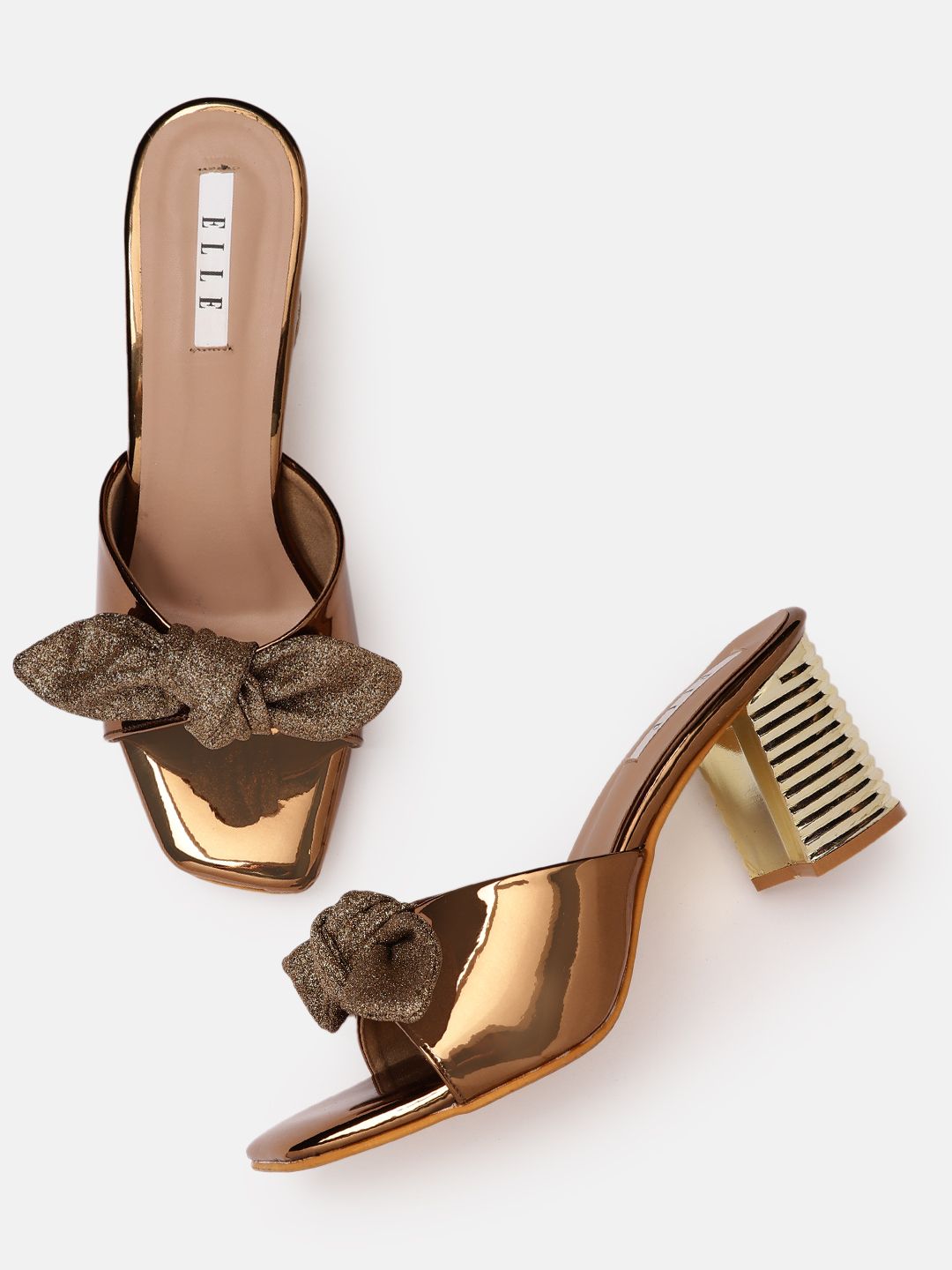 ELLE Copper-Toned Solid Block Heels with Bow Detail