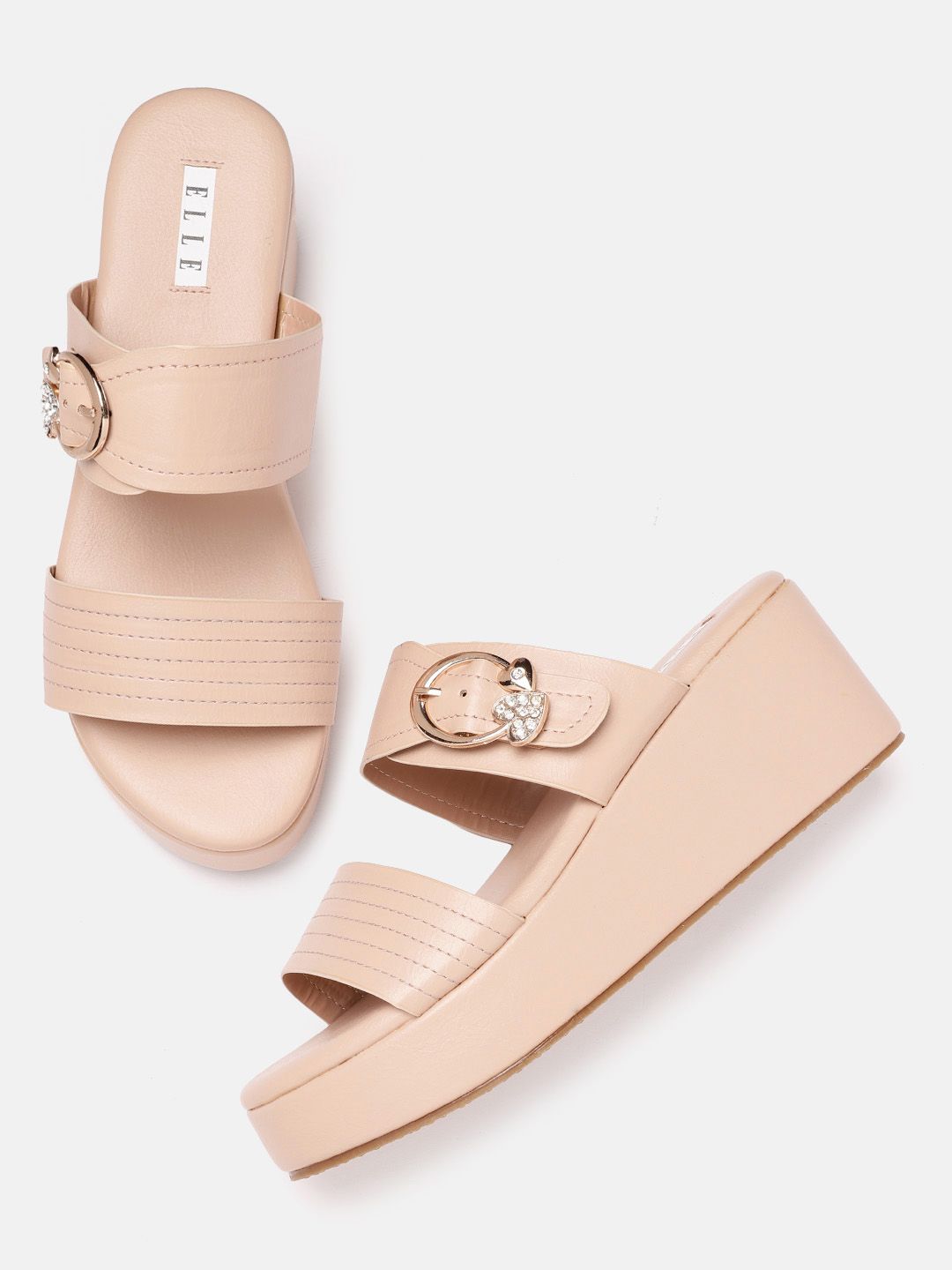 ELLE Peach-Coloured Thread Work Wedges with Buckles Price in India