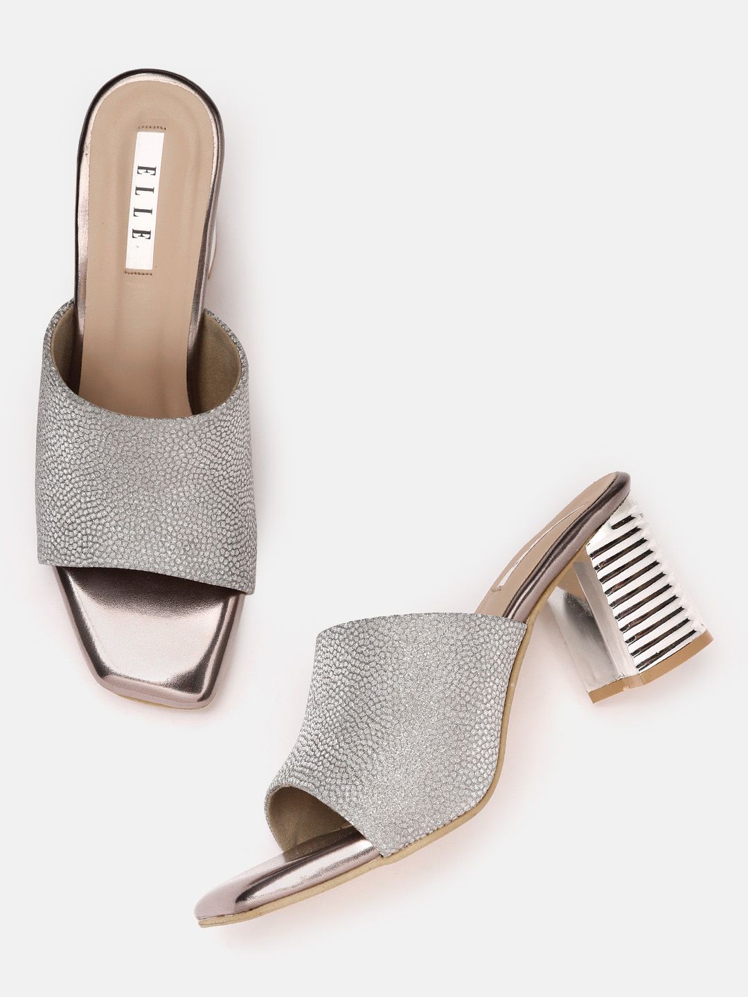 ELLE Women Silver-Toned Shimmer Block Heels Price in India