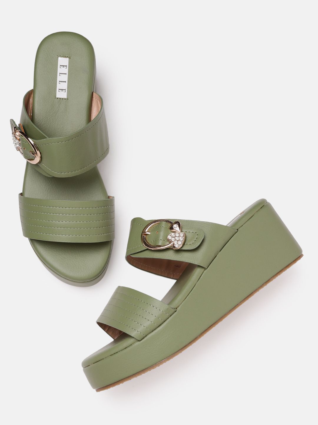ELLE Olive Green Solid Wedges with Buckle Detail Price in India