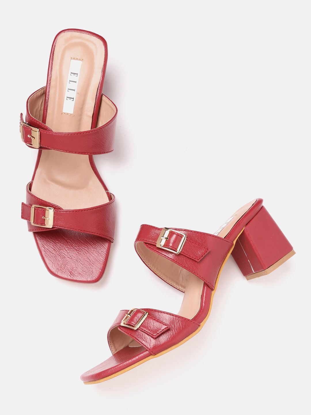 ELLE Maroon Solid Block Heels with Buckle Detail Price in India