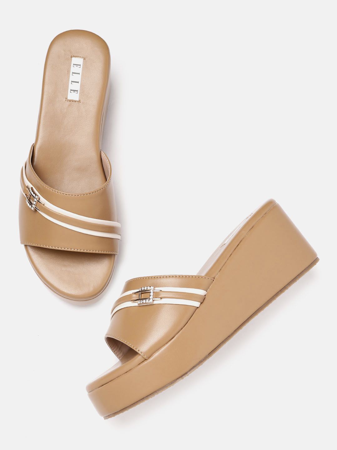ELLE Beige & Off White Striped Wedges with Buckles Price in India