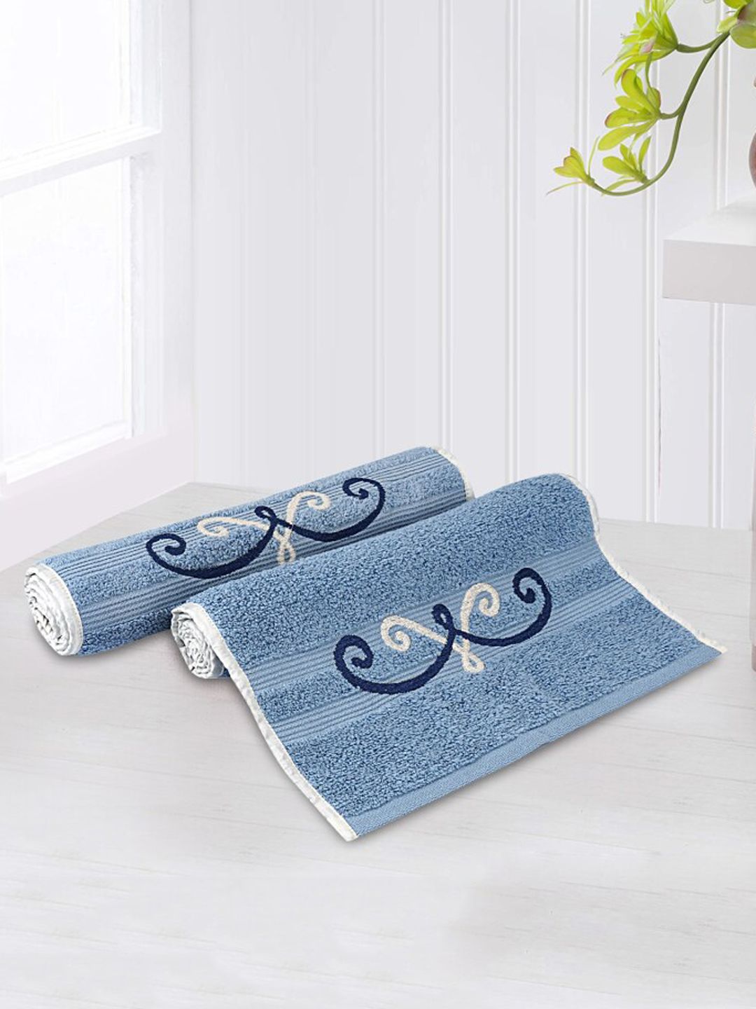 LUSH & BEYOND Set Of 2 Blue Solid 500 GSM Cotton Hand Towels Price in India