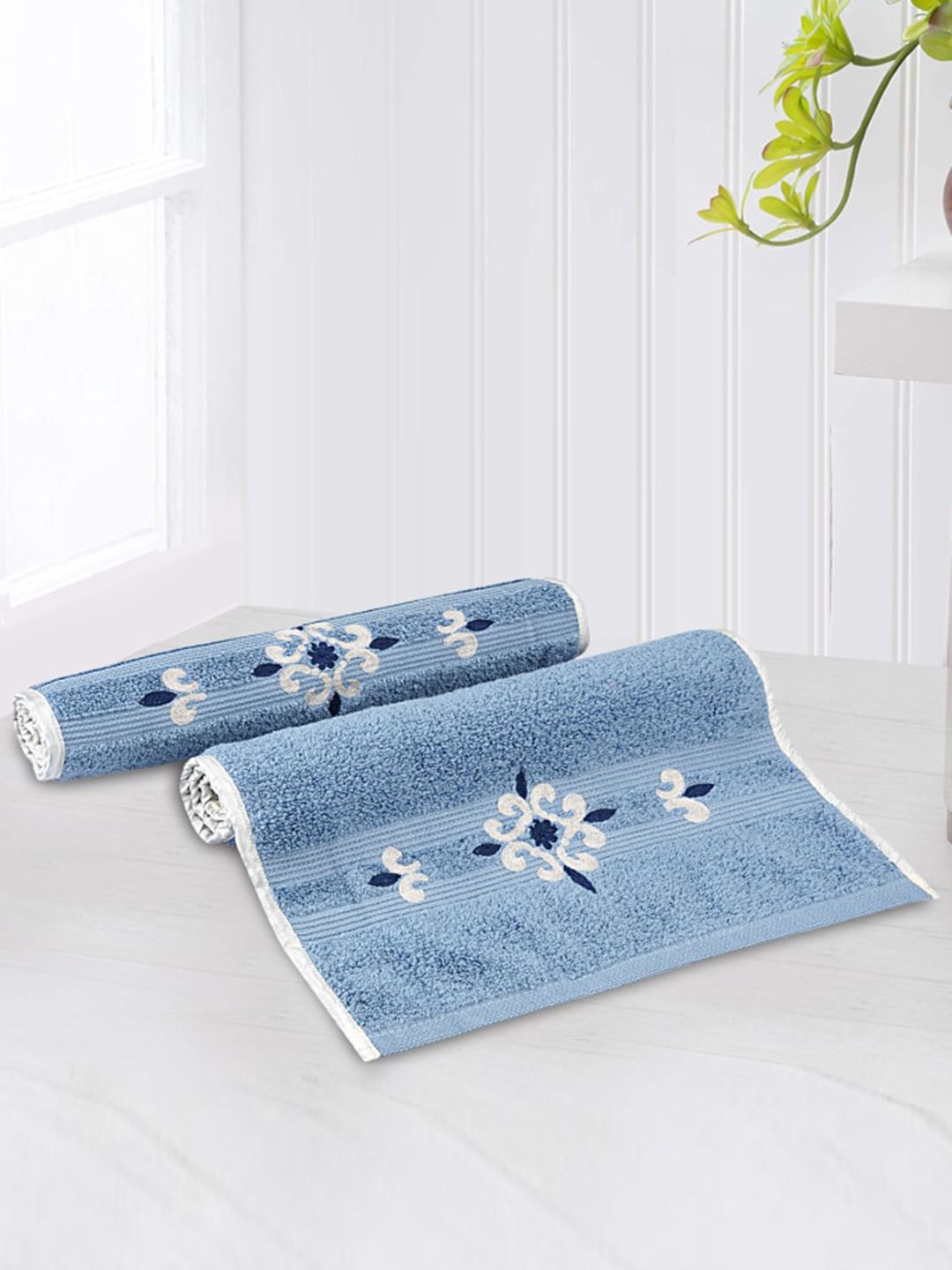 LUSH & BEYOND Set Of 2 Blue Printed 500 GSM Pure Cotton Hand Towels Price in India