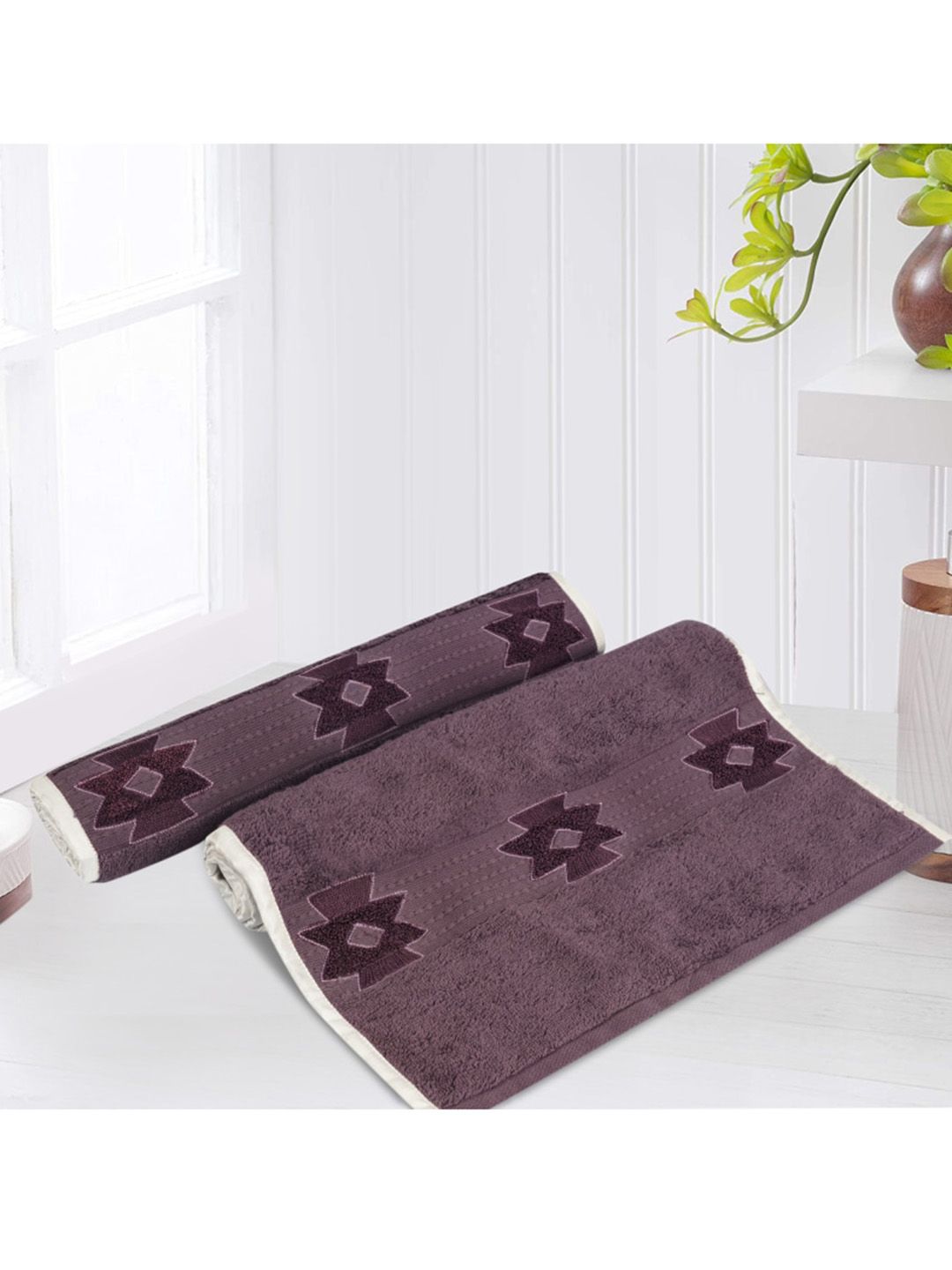LUSH & BEYOND Dark Mauve Set Of 2 Solid 500 GSM Cotton Hand Towels with Embroidery Price in India