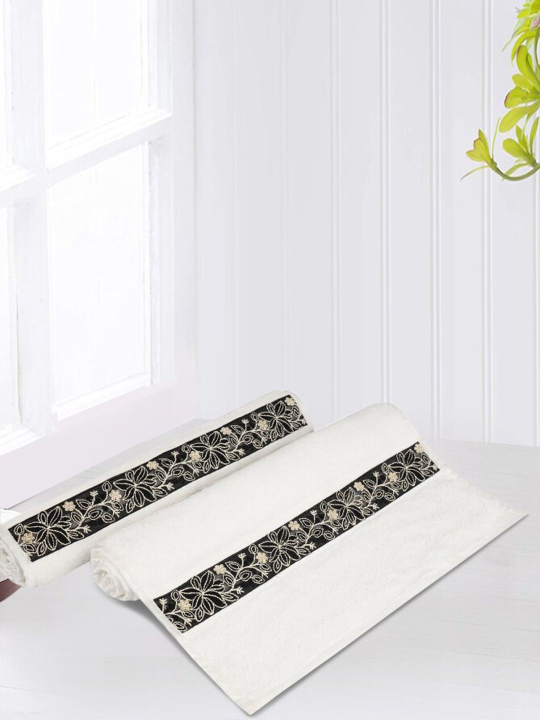 LUSH & BEYOND White Set Of 2 Solid 500 GSM Cotton Hand Towels with Floral Embroidered Price in India