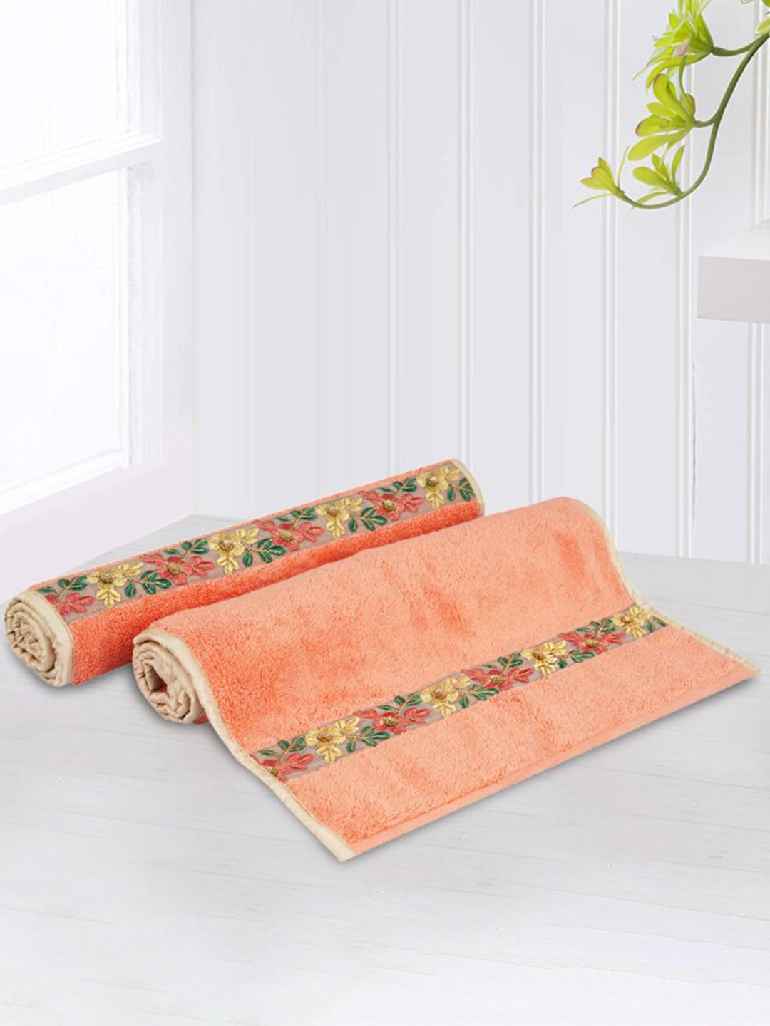 LUSH & BEYOND Set Of 2 Orange & Green Printed 500 GSM Pure Cotton Hand Towels Price in India