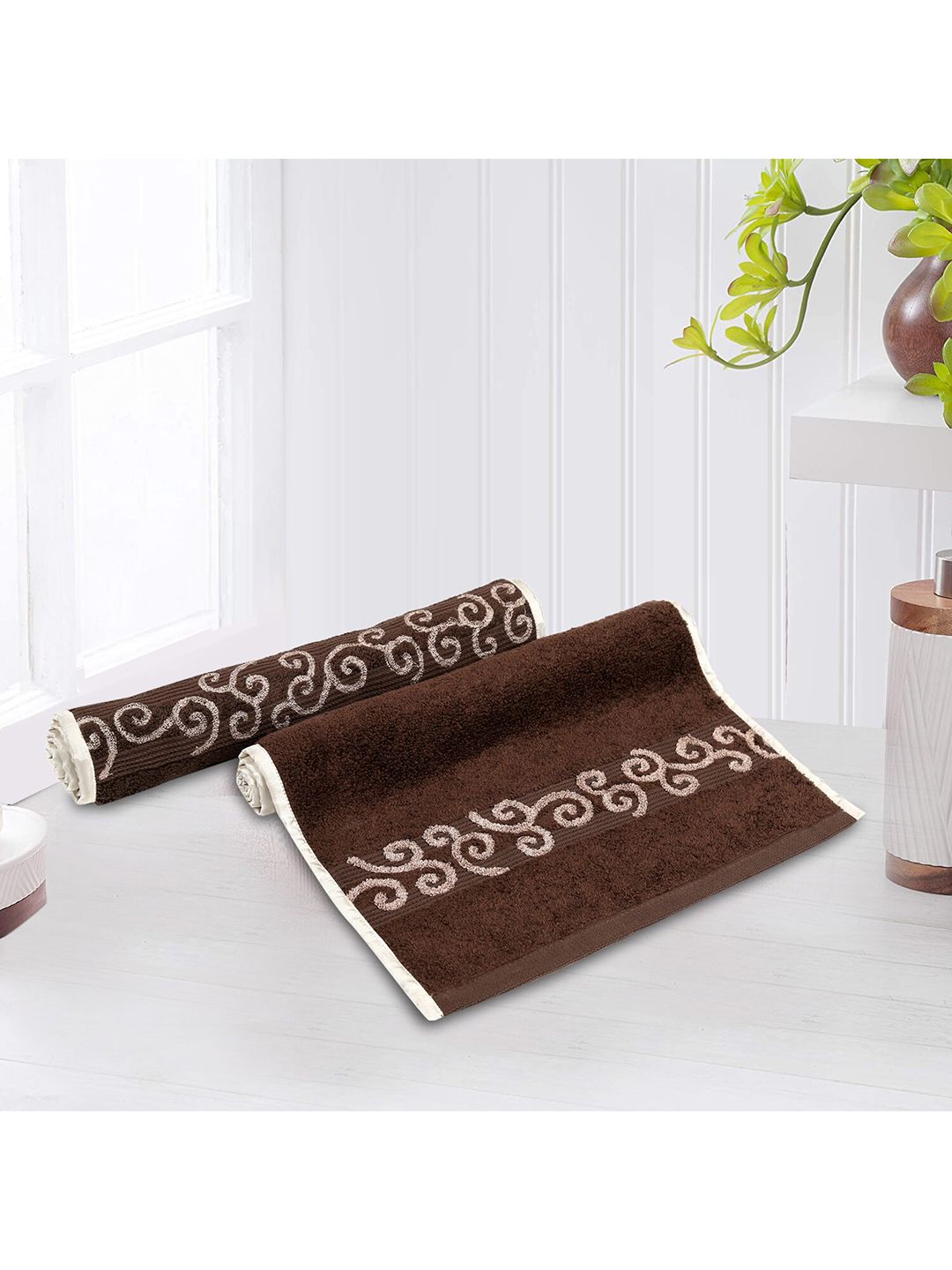LUSH & BEYOND Set Of 2 Brown & White Printed 500 GSM Pure Cotton Hand Towels Price in India