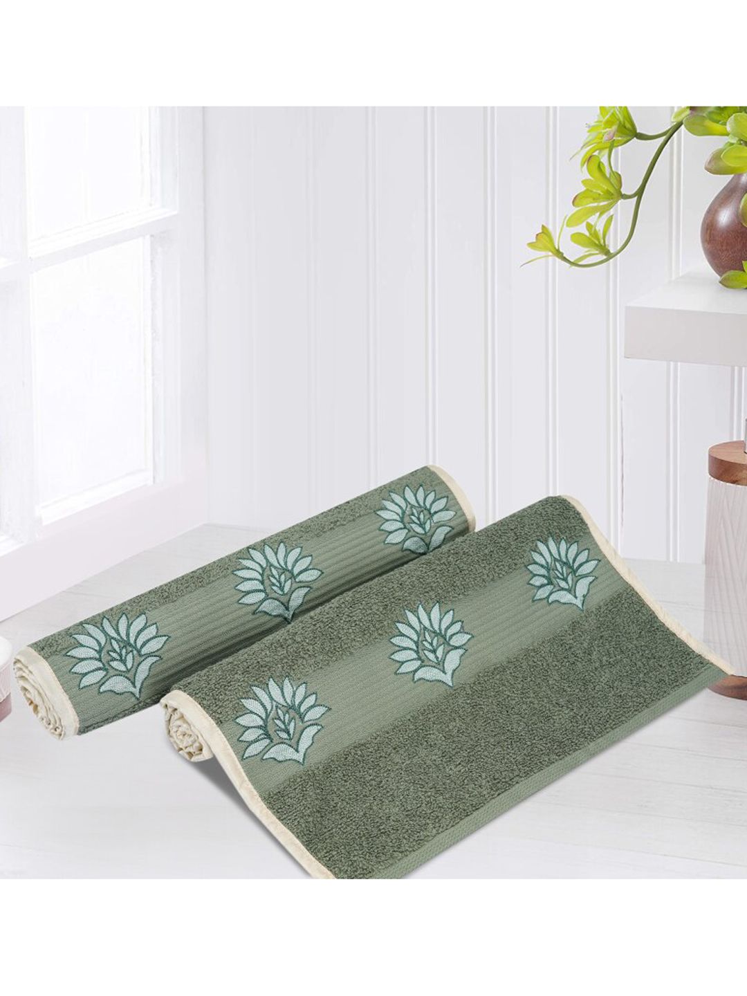 LUSH & BEYOND Set Of 2 Olive-Green & Blue Printed 500 GSM Pure Cotton Hand Towels Price in India