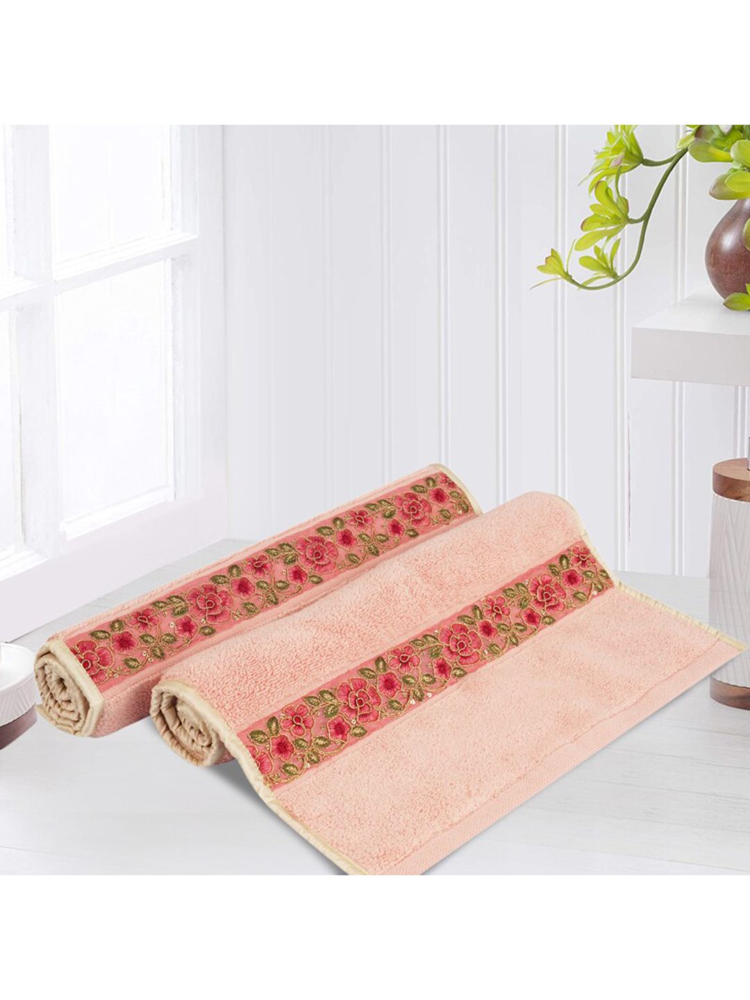 LUSH & BEYOND Set Of 2 Peach-Coloured Solid 500 GSM Pure Cotton Hand Towels Price in India