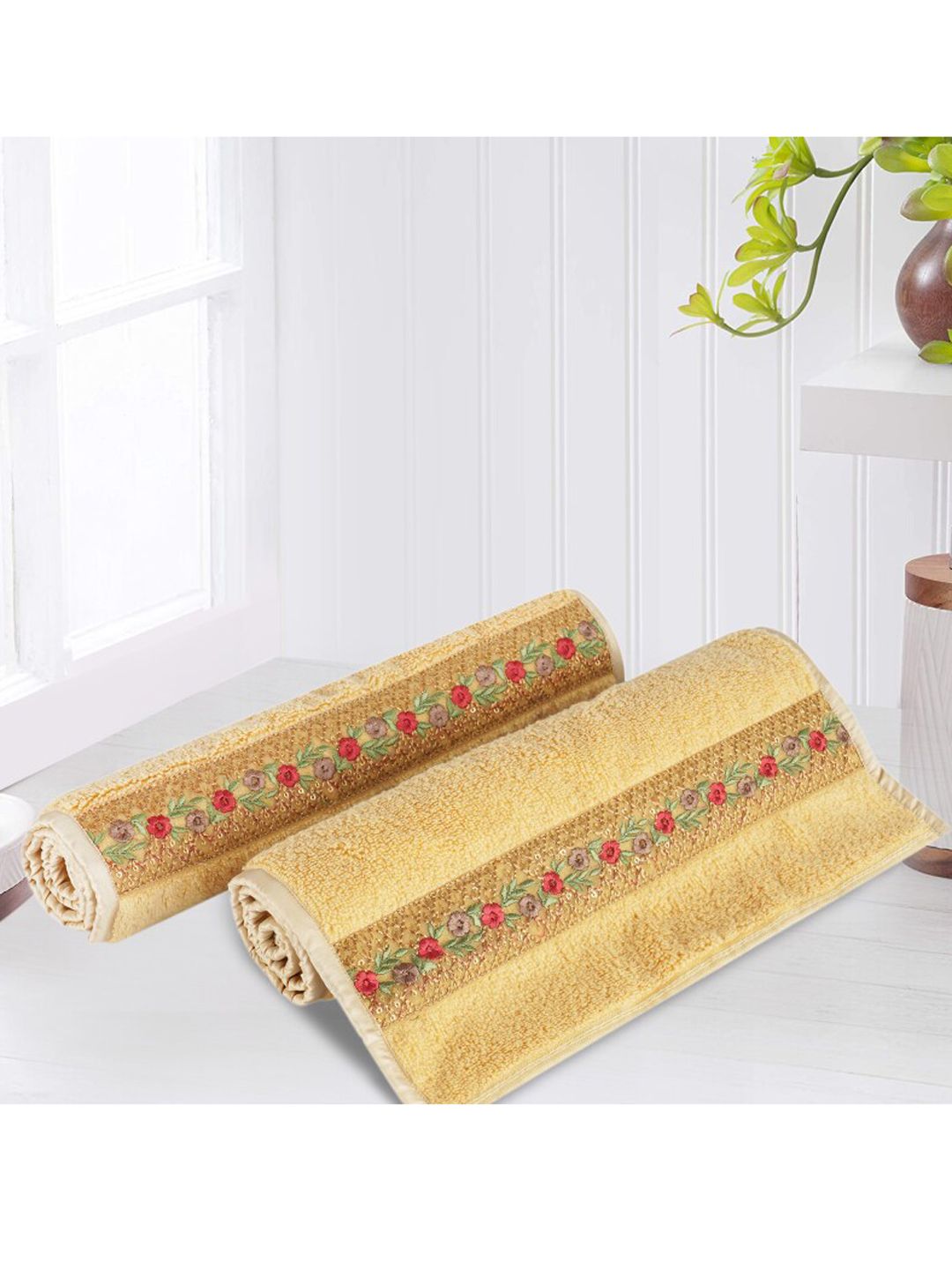 LUSH & BEYOND Set Of 2 Mustard & Red Printed 500 GSM Pure Cotton Hand Towels Price in India
