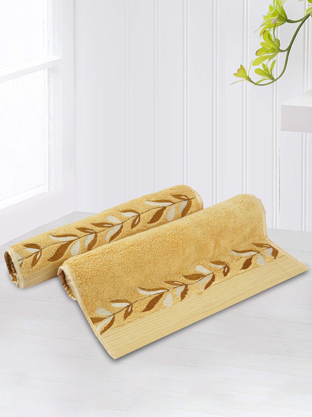 LUSH & BEYOND Set Of 2 Yellow & Brown Printed 500 GSM Pure Cotton Hand Towels Price in India