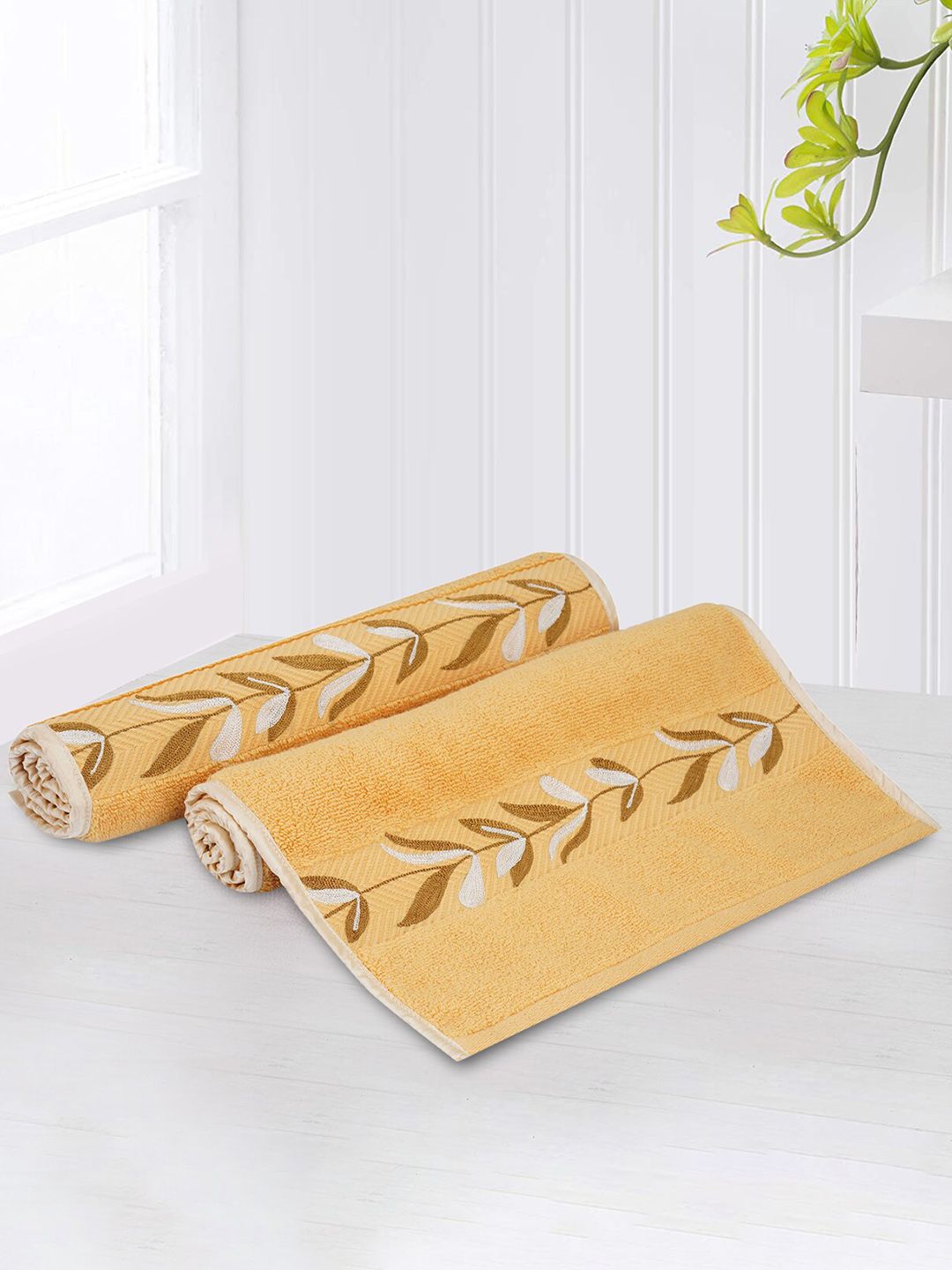 LUSH & BEYOND Yellow Set Of 2 Solid 500 GSM Quick Dry Pure Cotton Hand Towels Price in India