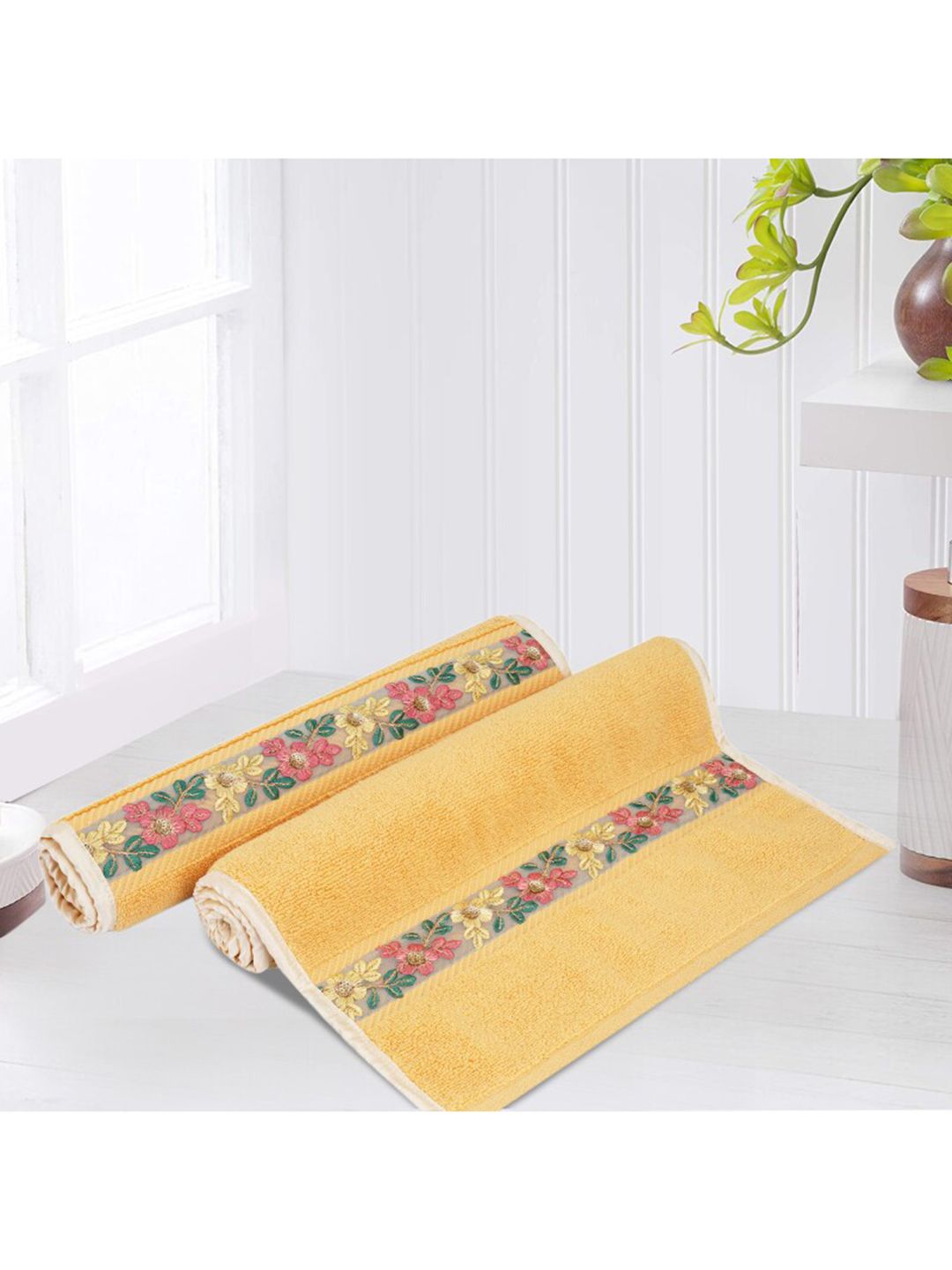 LUSH & BEYOND Set Of 2 Yellow & Blue Printed 500 GSM Pure Cotton Hand Towels Price in India